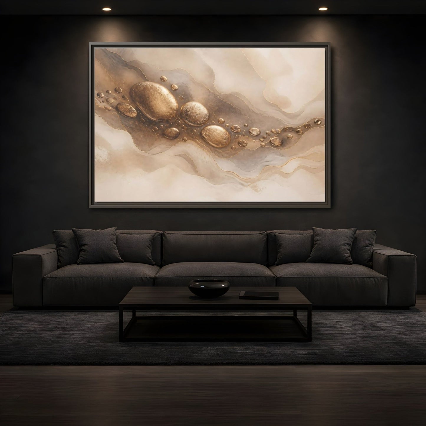 Abstract Gold Stones And Beige Framed Canvas Print – Living Room, Large Wall - YesArtYes