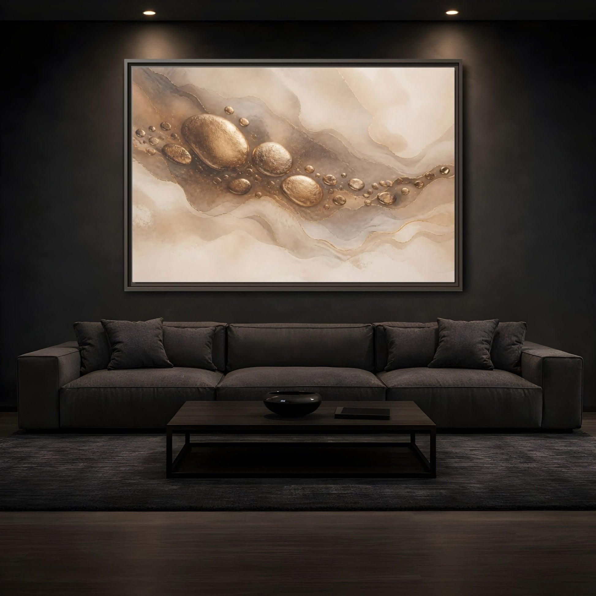 Abstract Gold Stones And Beige Framed Canvas Print – Living Room, Large Wall - YesArtYes