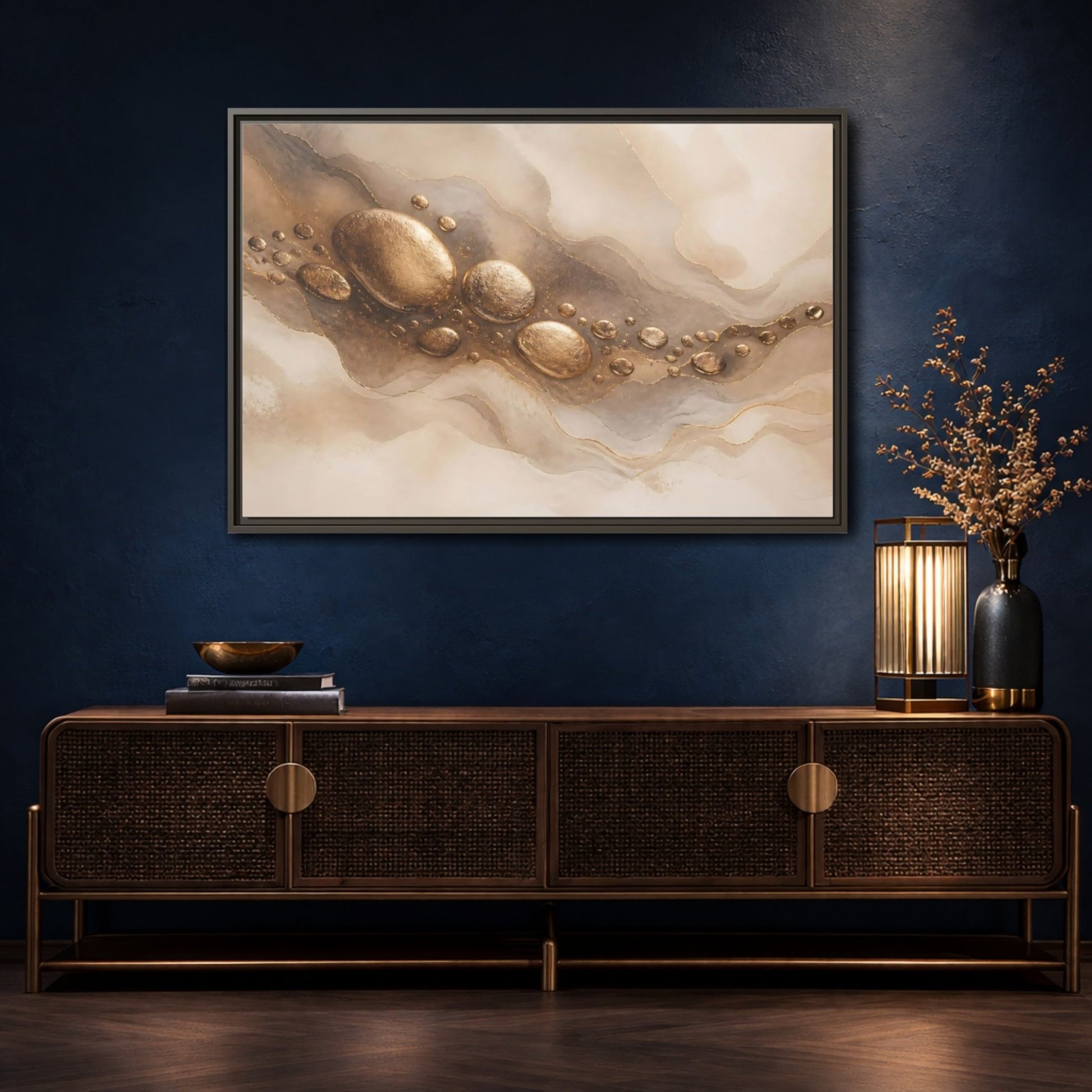 Abstract Gold Stones And Beige Framed Canvas Print – Living Room, Large Wall - YesArtYes
