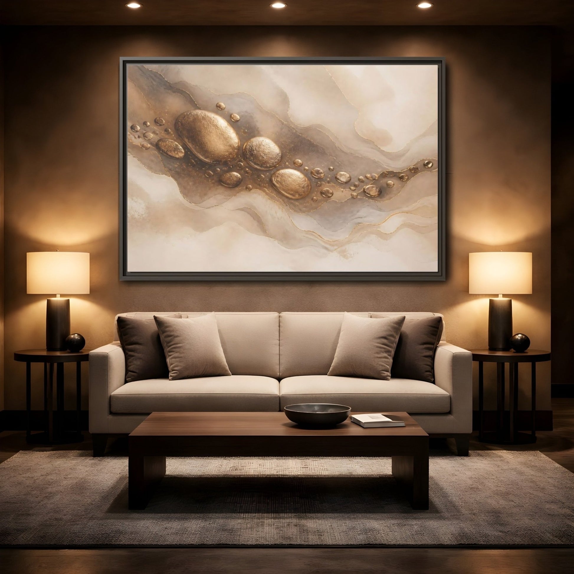 Abstract Gold Stones And Beige Framed Canvas Print – Living Room, Large Wall - YesArtYes