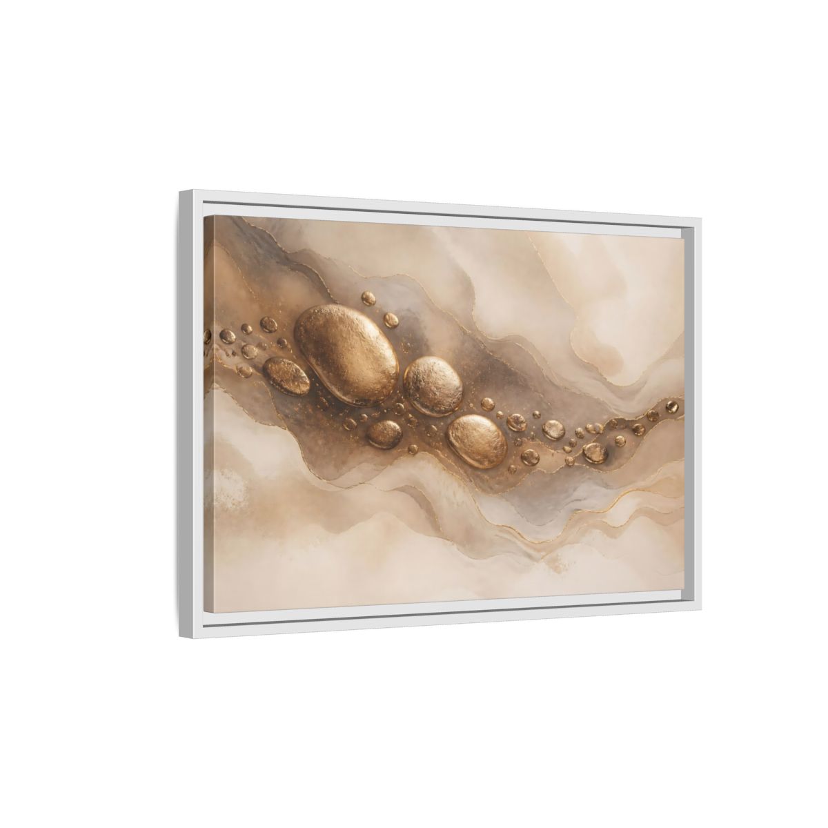Side Mockup 1. Abstract Gold Stones Gold And Beige Abstract shown as framed canvas print