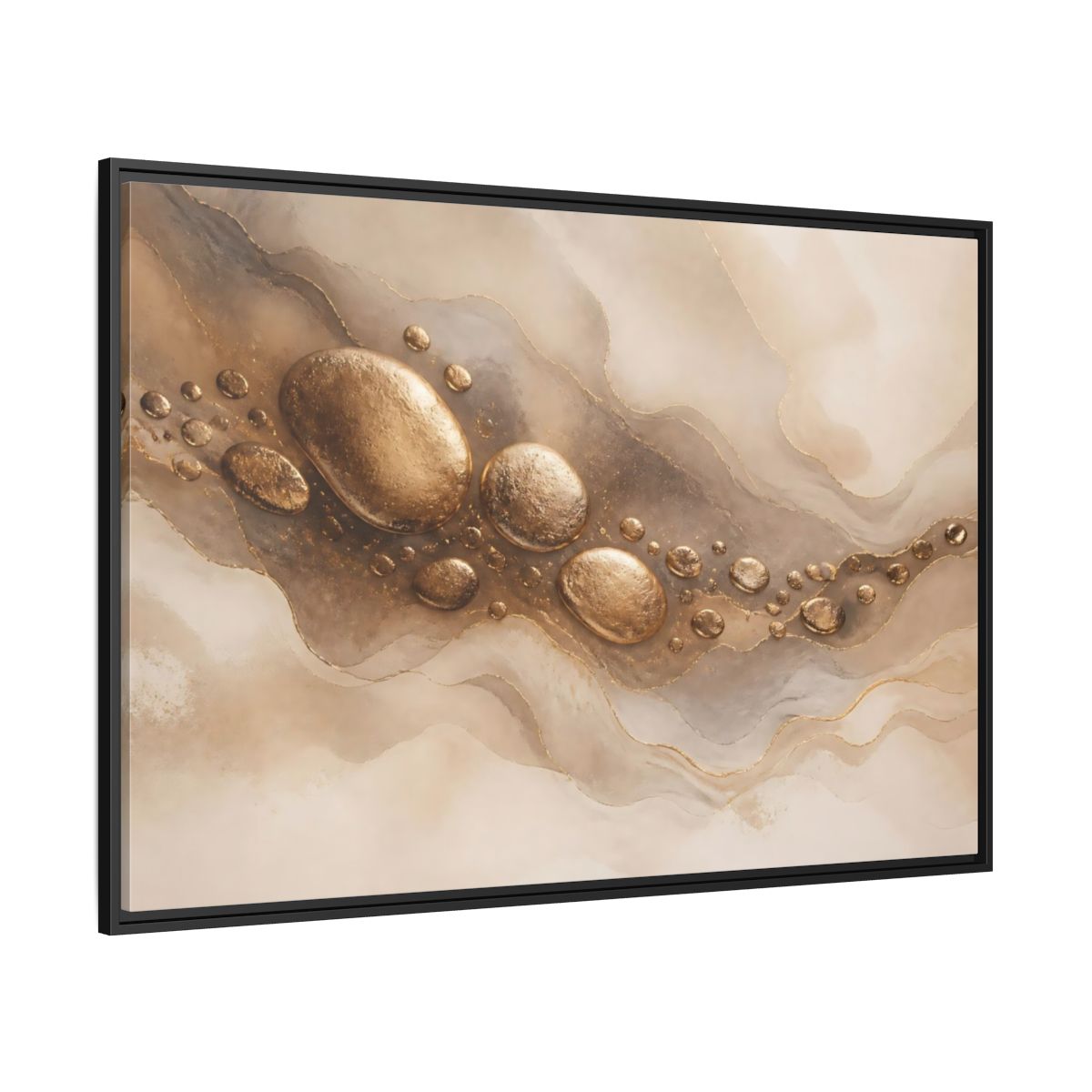 Side Mockup 12. Abstract Gold Stones Gold And Beige Abstract shown as framed canvas print
