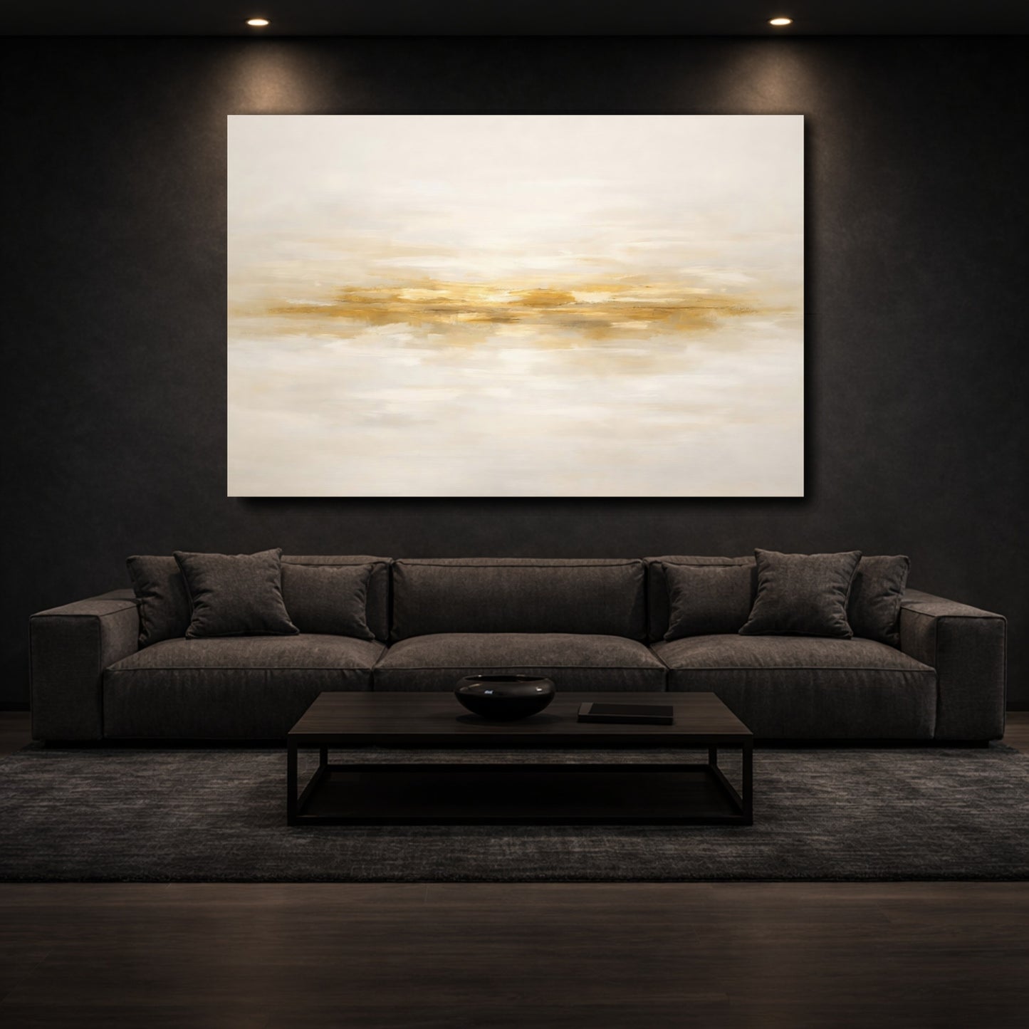Mockup 2. Abstract Gold Streak Gold And Cream shown as stretched canvas wall art