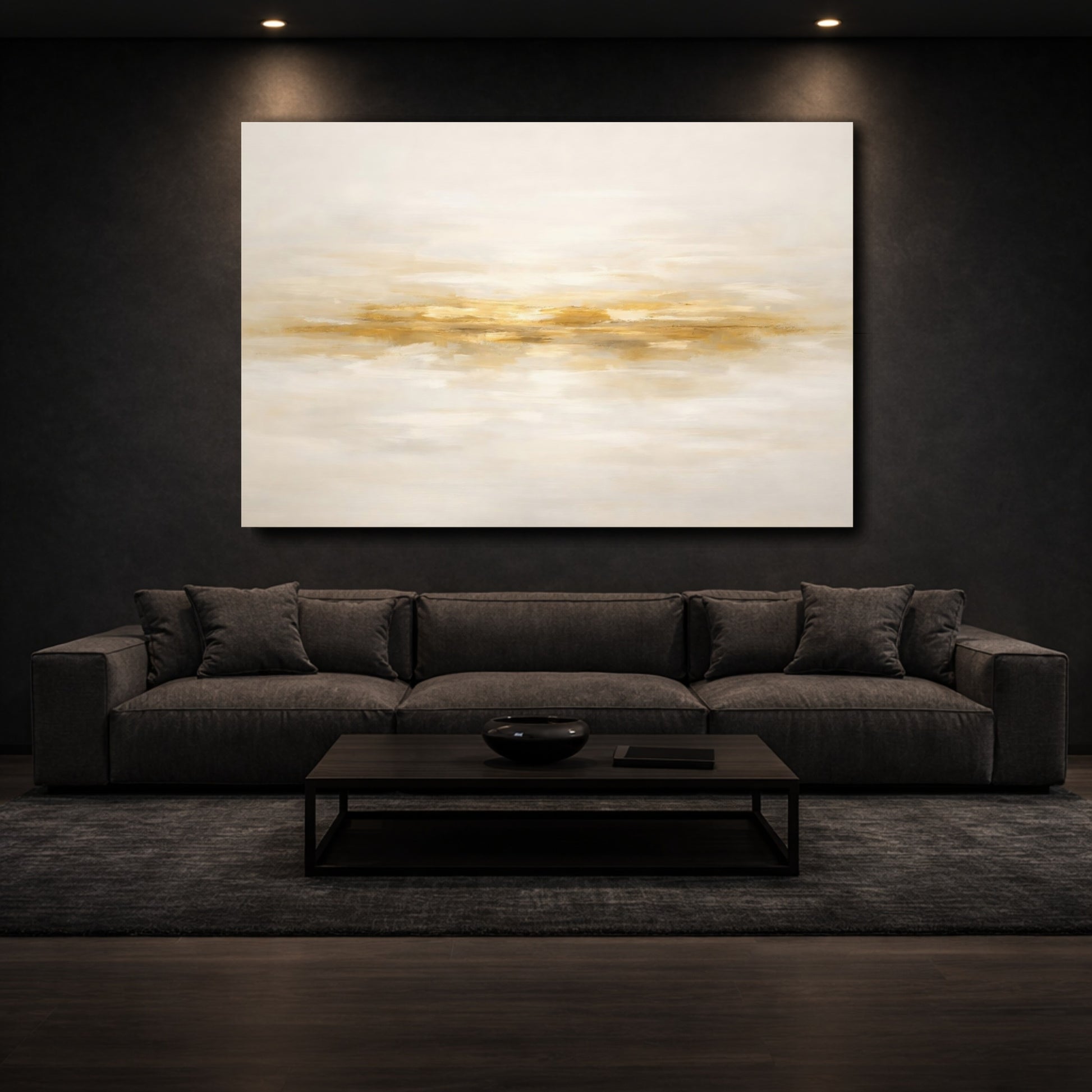 Mockup 2. Abstract Gold Streak Gold And Cream shown as stretched canvas wall art