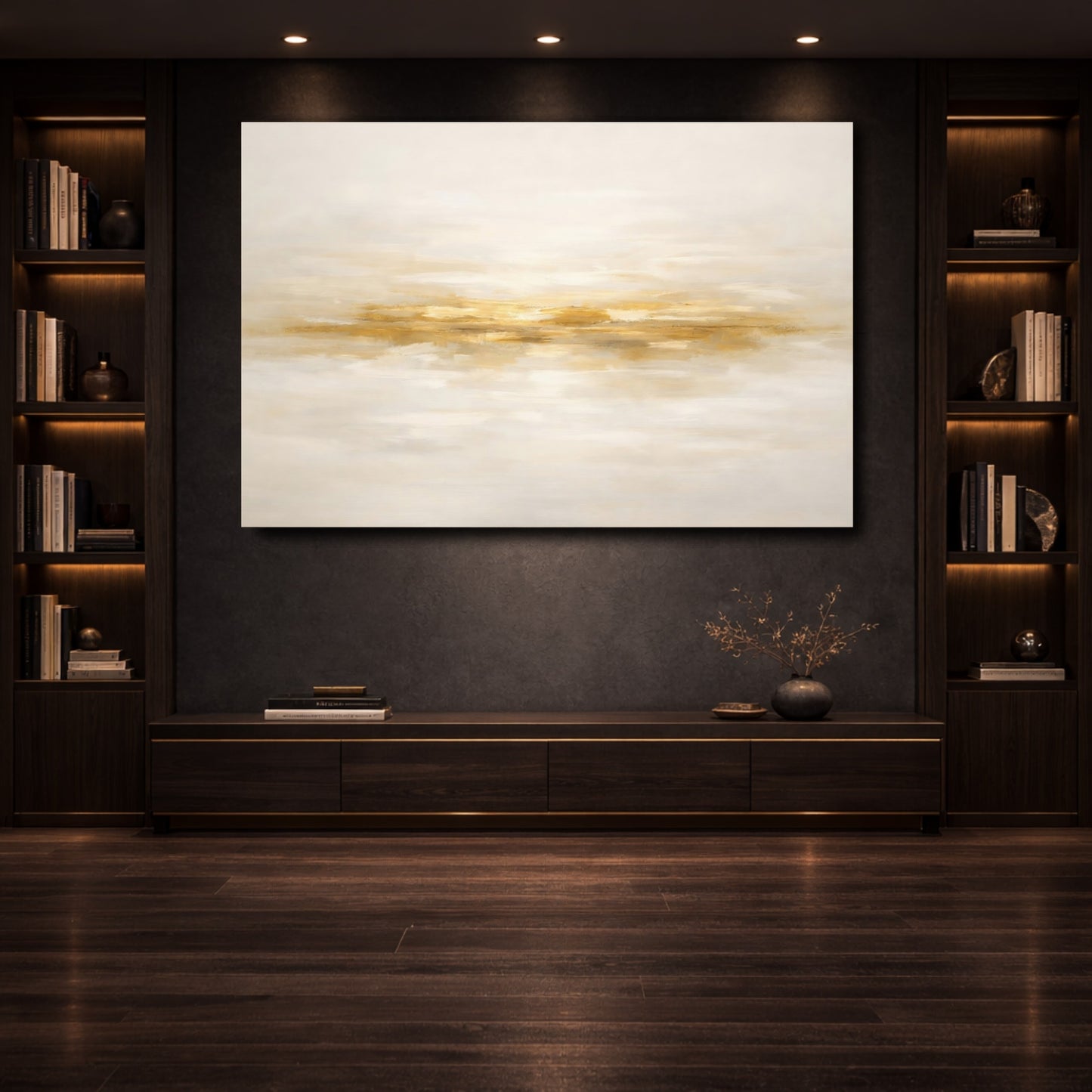 Mockup 3. Abstract Gold Streak Gold And Cream shown as stretched canvas wall art