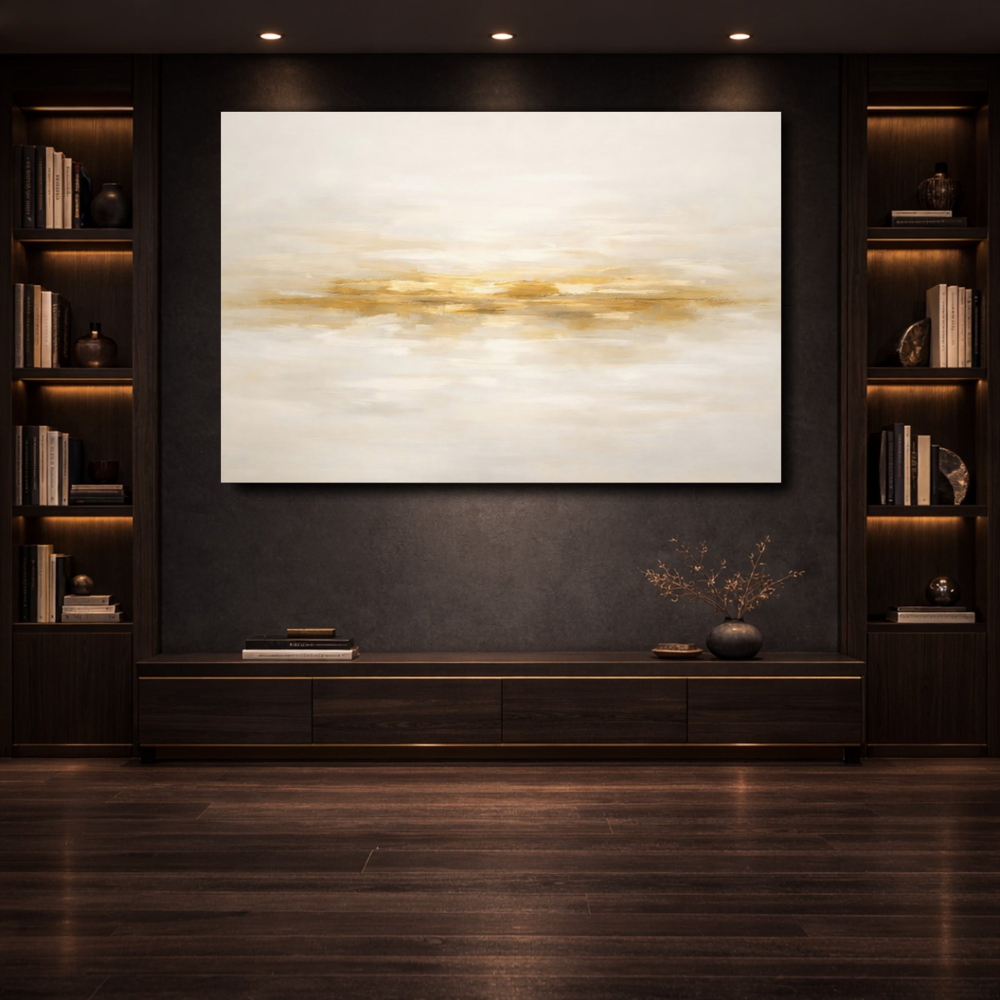 Mockup 3. Abstract Gold Streak Gold And Cream shown as stretched canvas wall art