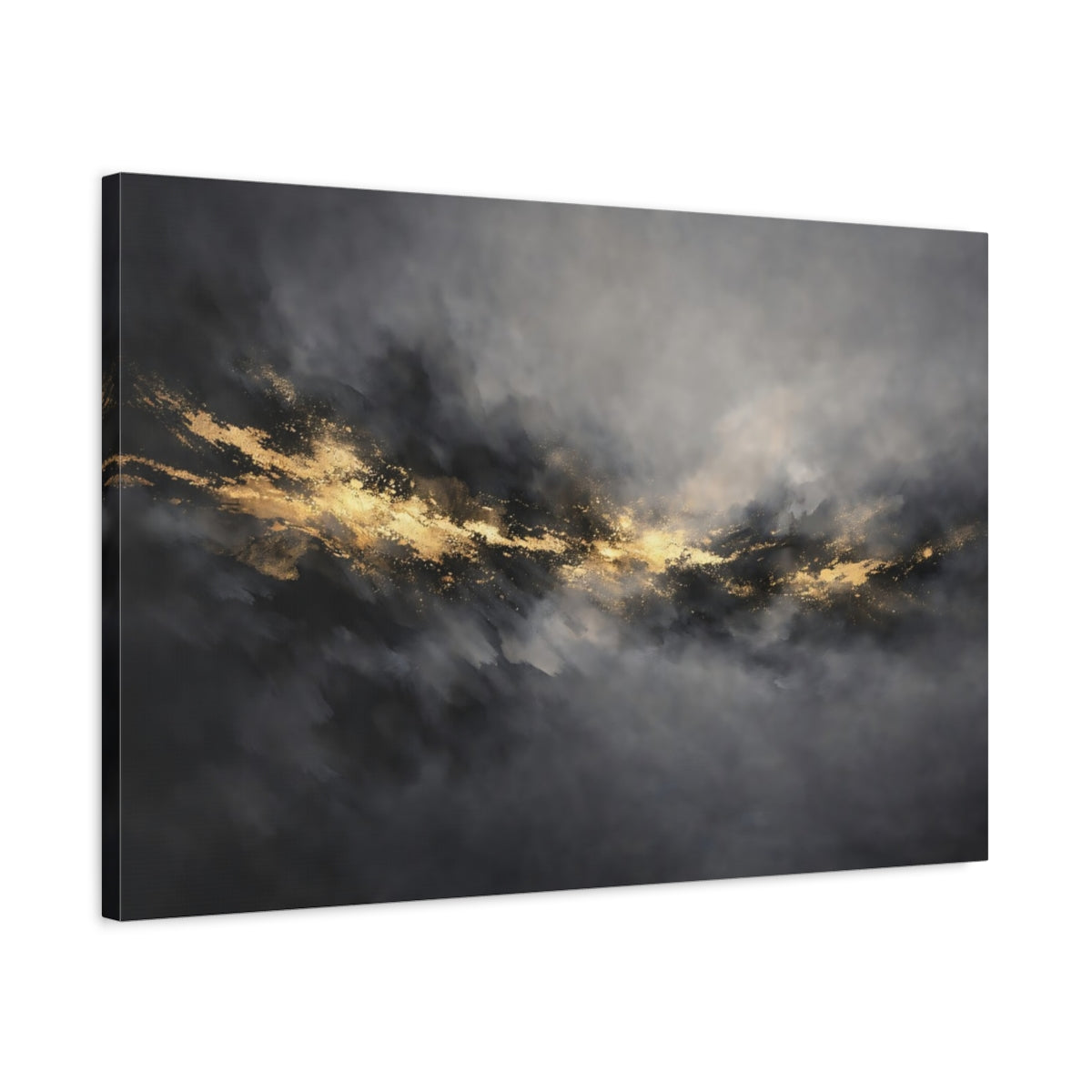 Side Mockup 2. Abstract Gold Streak Gray Gold Abstract shown as stretched canvas wall art