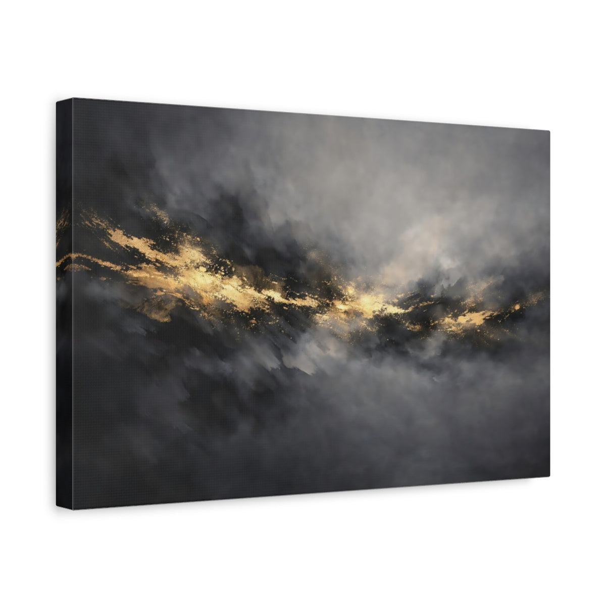 Side Mockup 4. Abstract Gold Streak Gray Gold Abstract shown as stretched canvas wall art