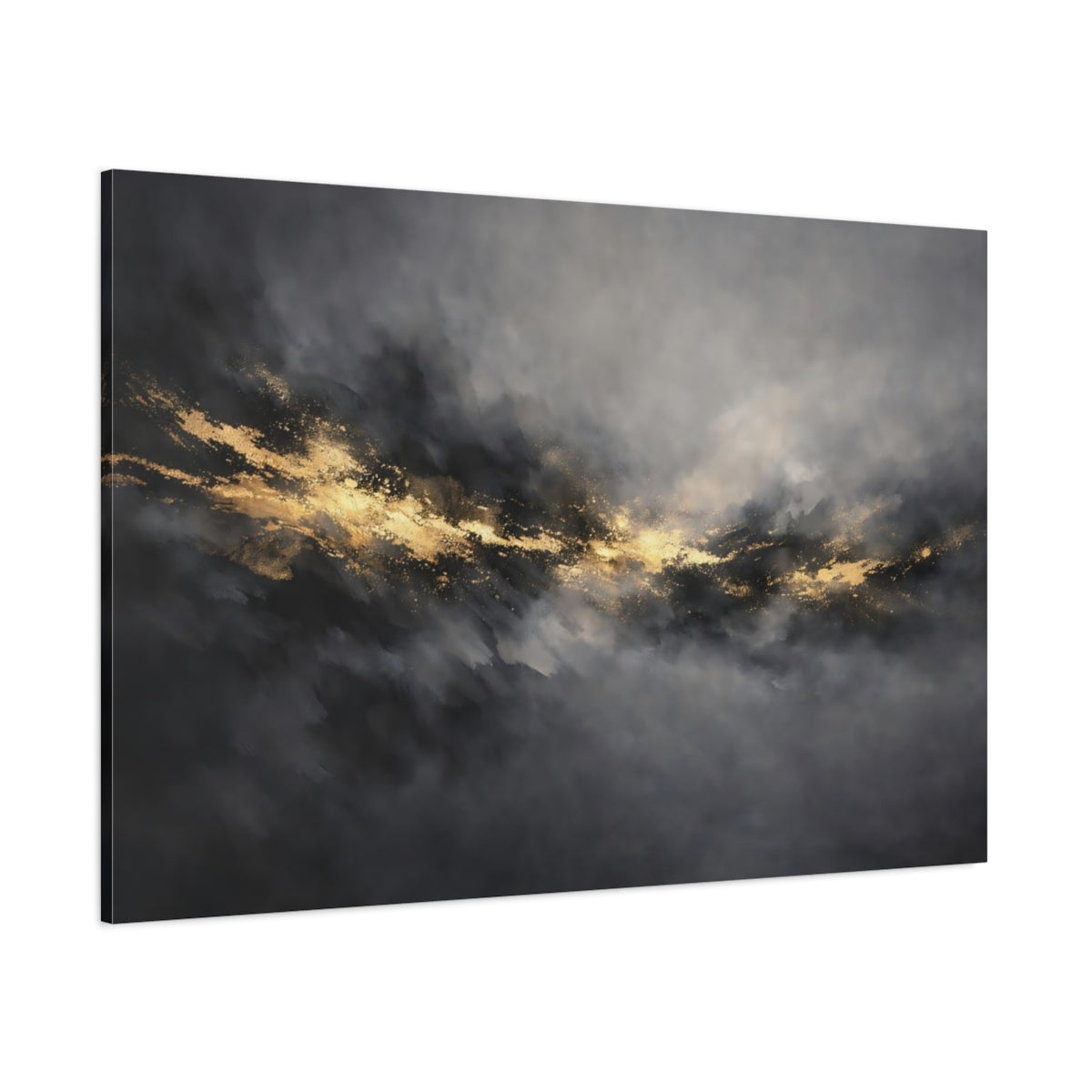Main Mockup. Abstract Gold Streak Gray Gold Abstract shown as stretched canvas wall art