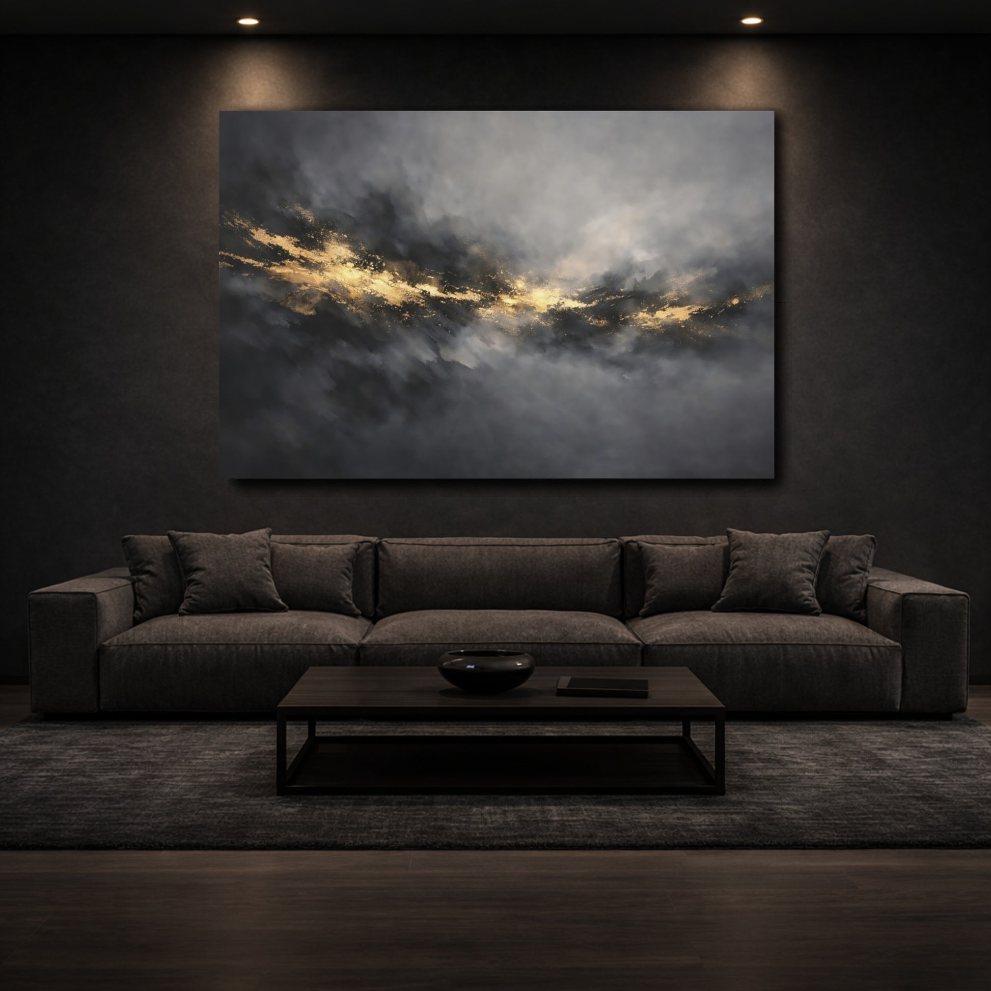 Mockup 2. Abstract Gold Streak Gray Gold Abstract shown as stretched canvas wall art