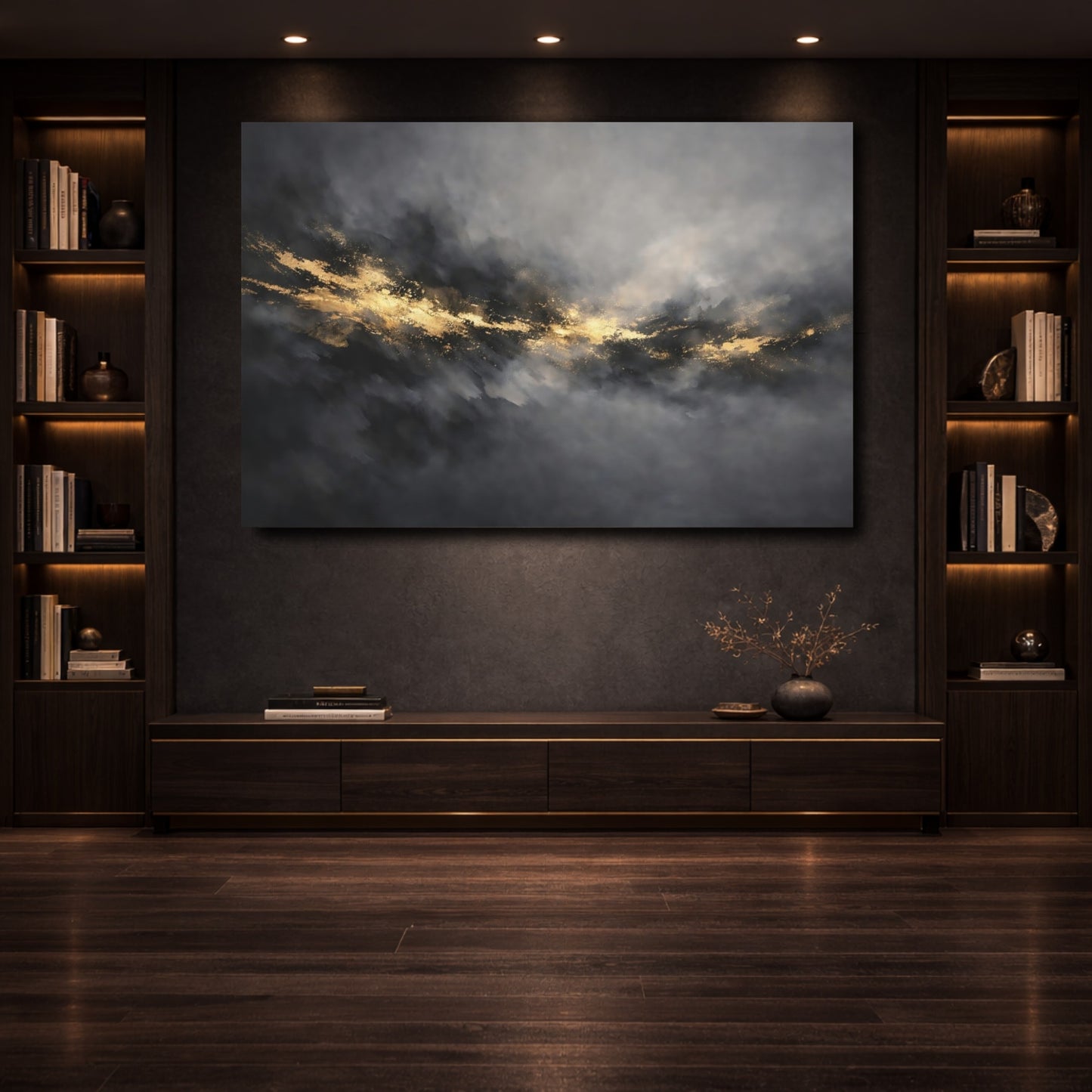 Mockup 3. Abstract Gold Streak Gray Gold Abstract shown as stretched canvas wall art