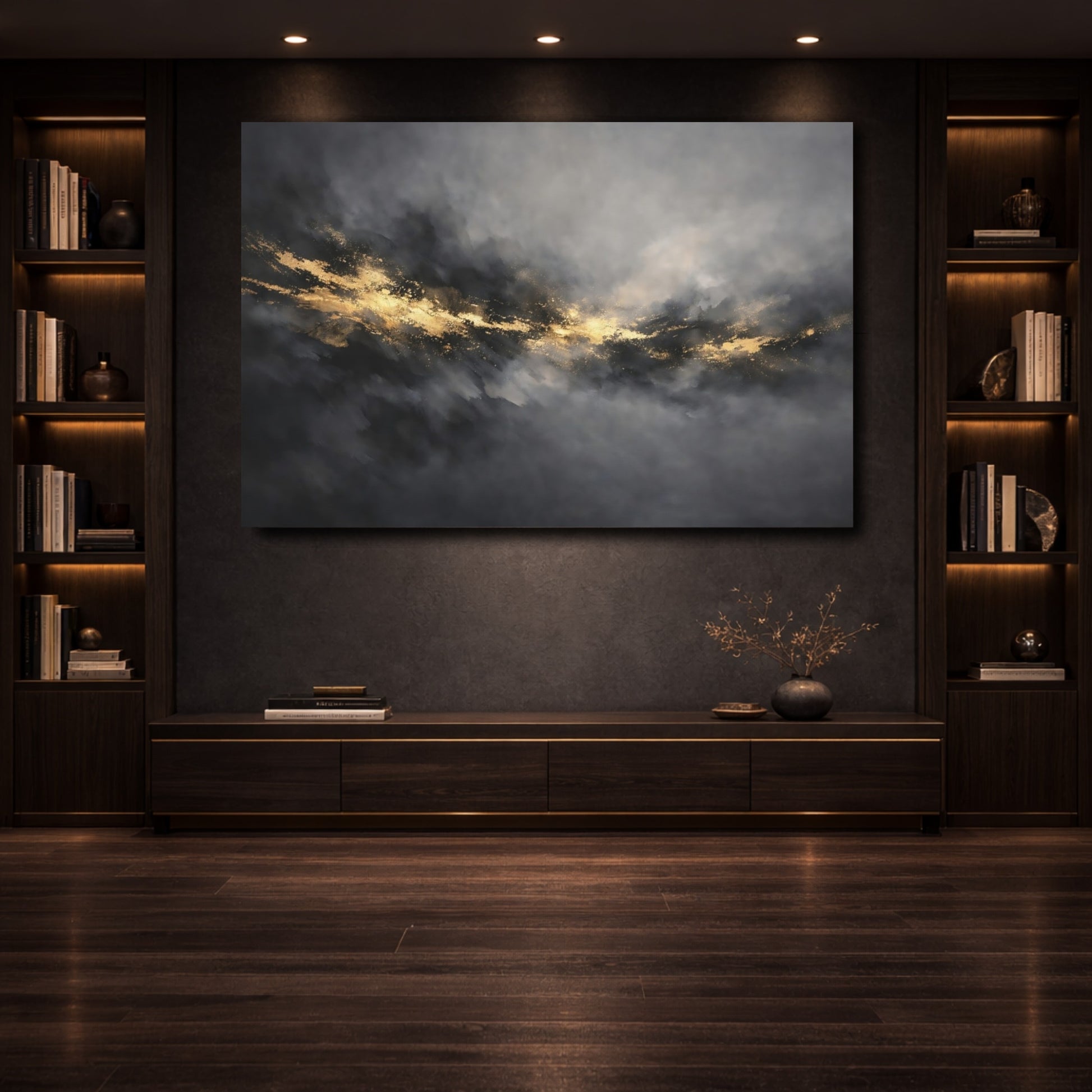 Mockup 3. Abstract Gold Streak Gray Gold Abstract shown as stretched canvas wall art