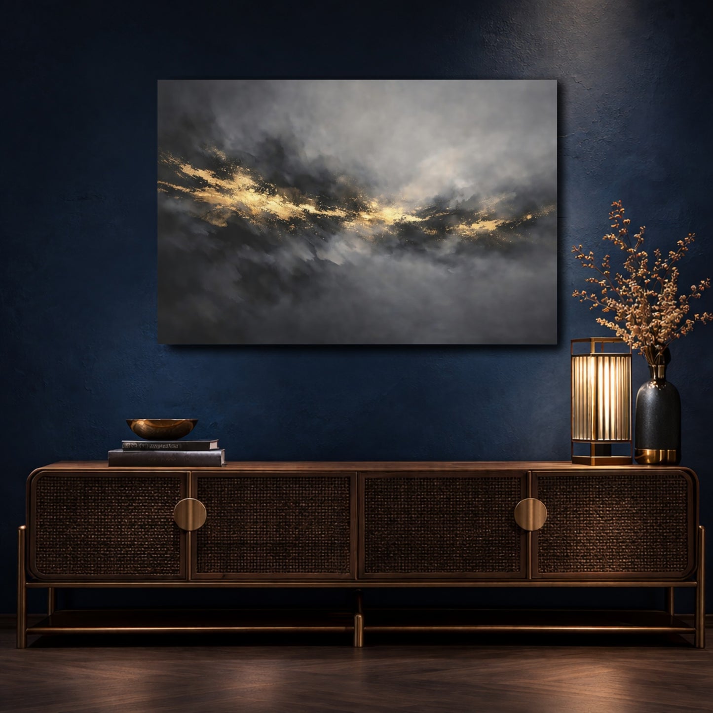 Mockup 4. Abstract Gold Streak Gray Gold Abstract shown as stretched canvas wall art
