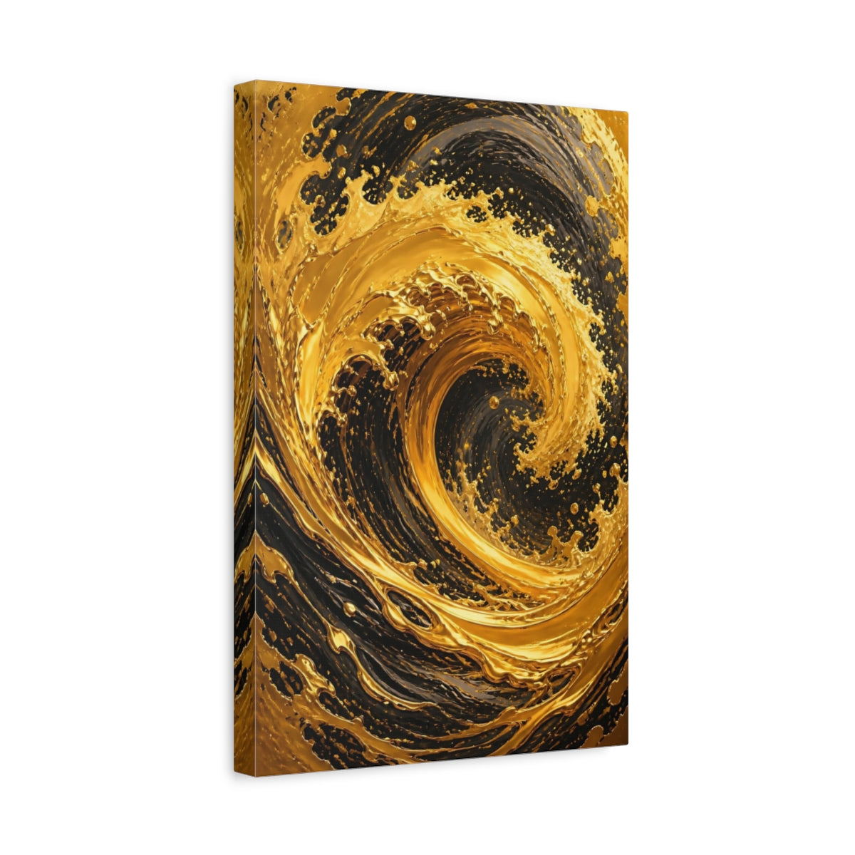 Side Mockup 4. Abstract Gold Swirl Gold And Black shown as stretched canvas wall art