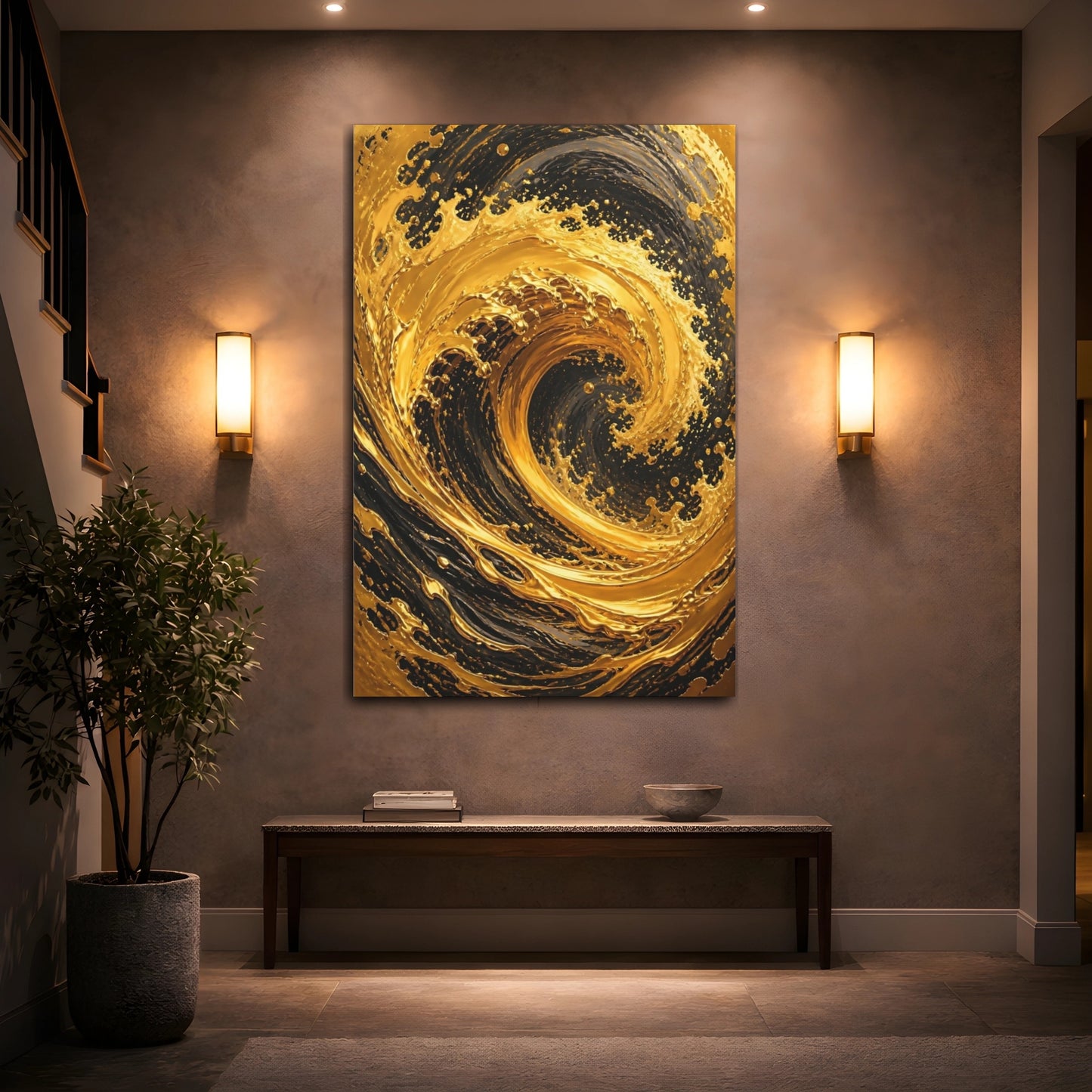 Mockup 2. Abstract Gold Swirl Gold And Black shown as stretched canvas wall art