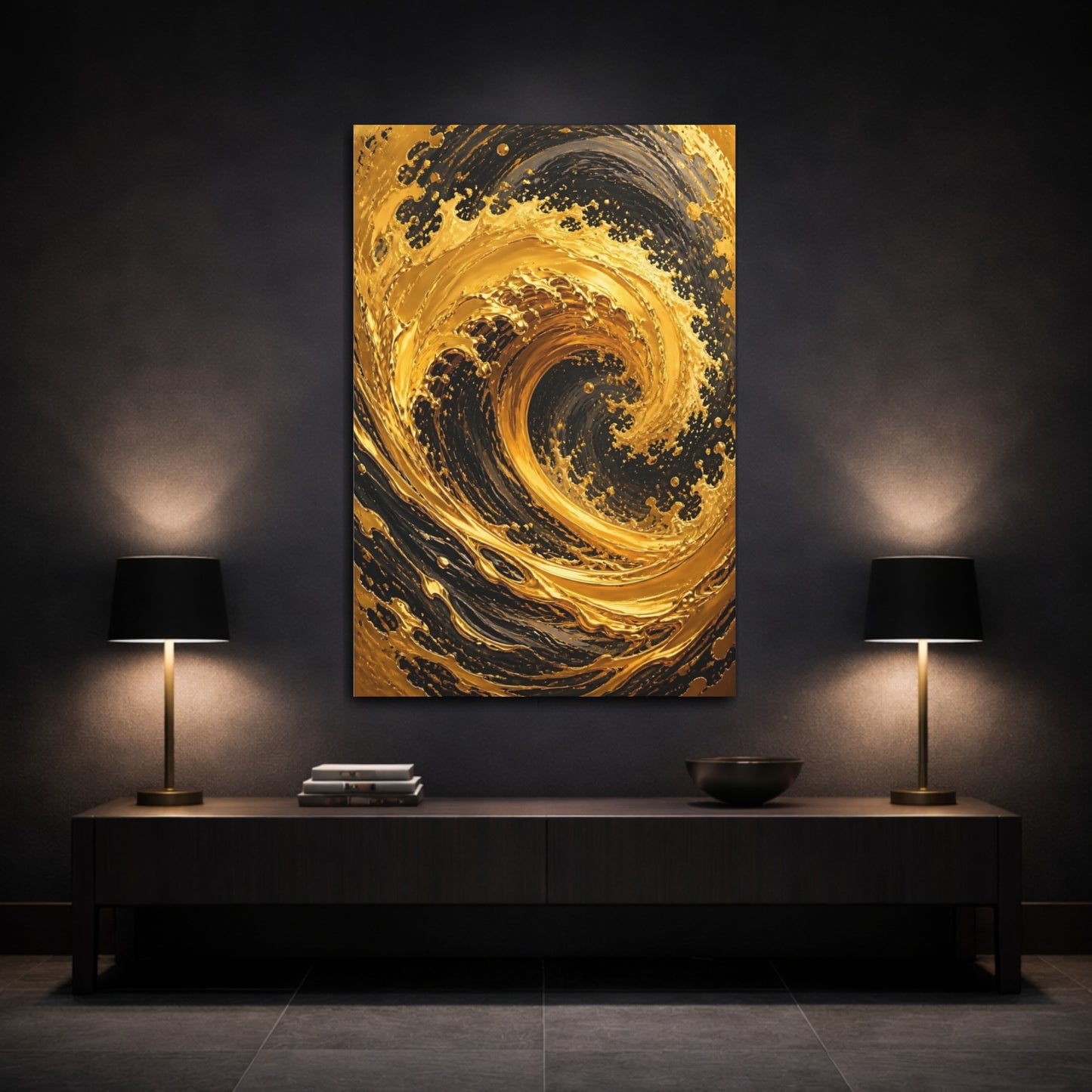 Mockup 3. Abstract Gold Swirl Gold And Black shown as stretched canvas wall art