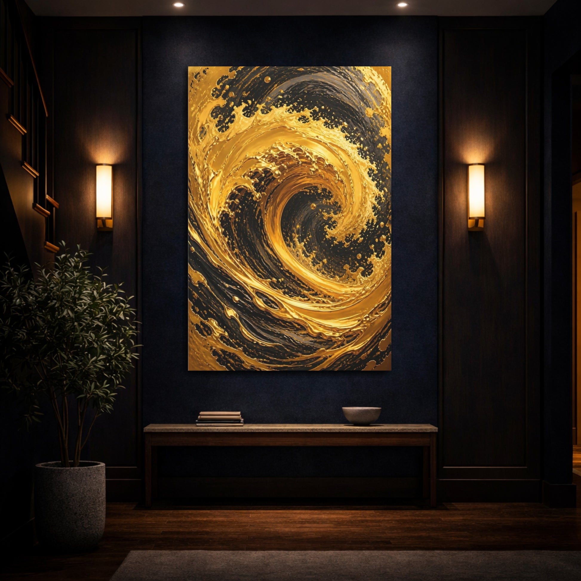 Mockup 4. Abstract Gold Swirl Gold And Black shown as stretched canvas wall art