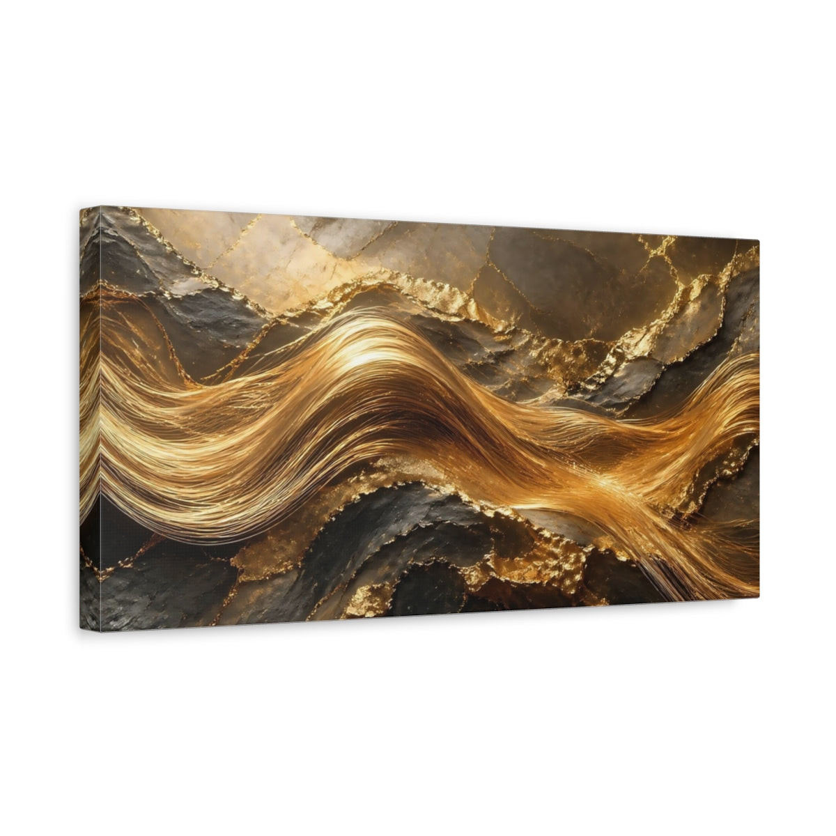 Side Mockup 3. Abstract Gold Texture Gold And Black shown as stretched canvas wall art
