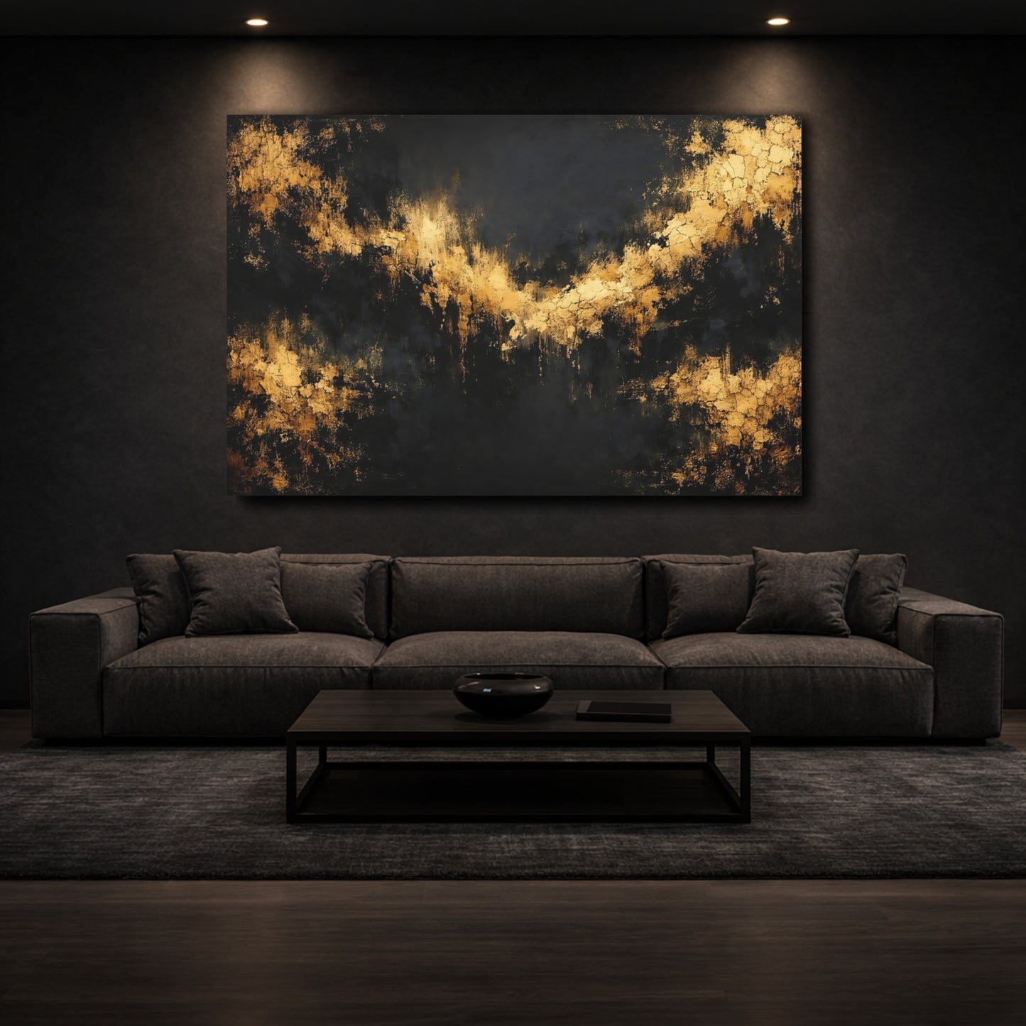 Mockup 2. Abstract Gold Texture Black And Gold shown as stretched canvas wall art