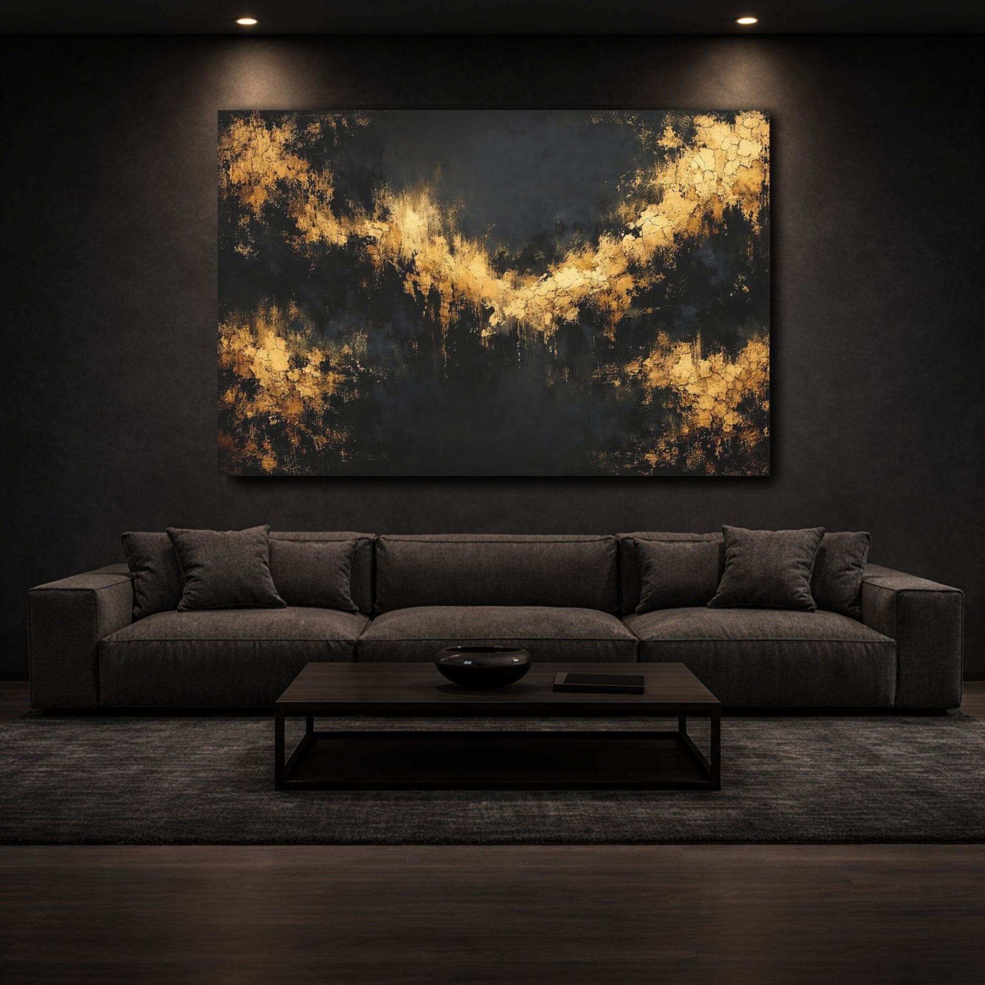 Mockup 2. Abstract Gold Texture Black And Gold shown as stretched canvas wall art