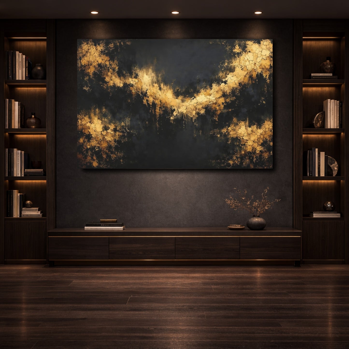 Mockup 3. Abstract Gold Texture Black And Gold shown as stretched canvas wall art