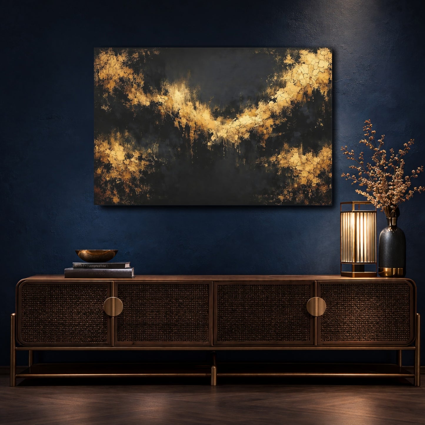 Mockup 4. Abstract Gold Texture Black And Gold shown as stretched canvas wall art