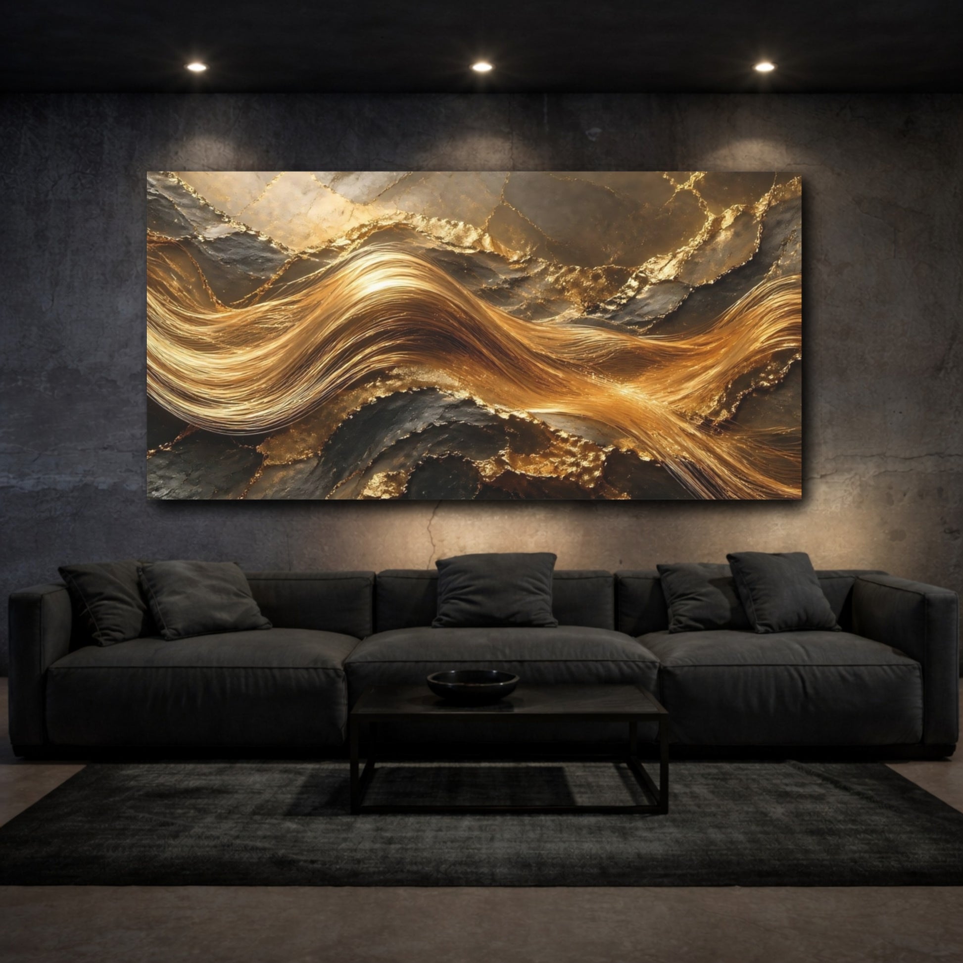 Mockup 2. Abstract Gold Texture Gold And Black shown as stretched canvas wall art