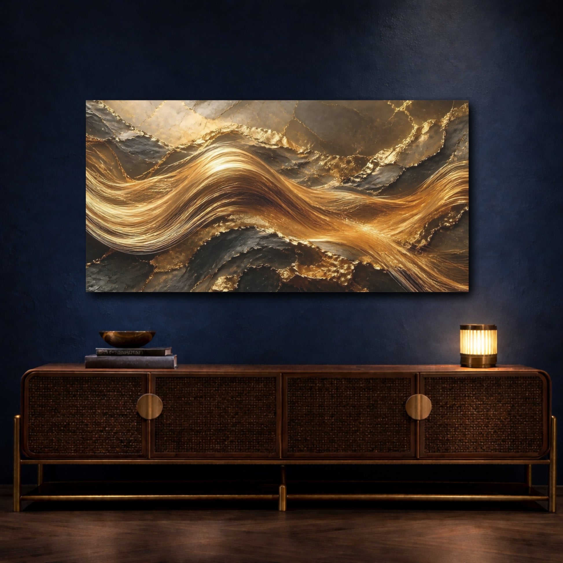 Mockup 3. Abstract Gold Texture Gold And Black shown as stretched canvas wall art
