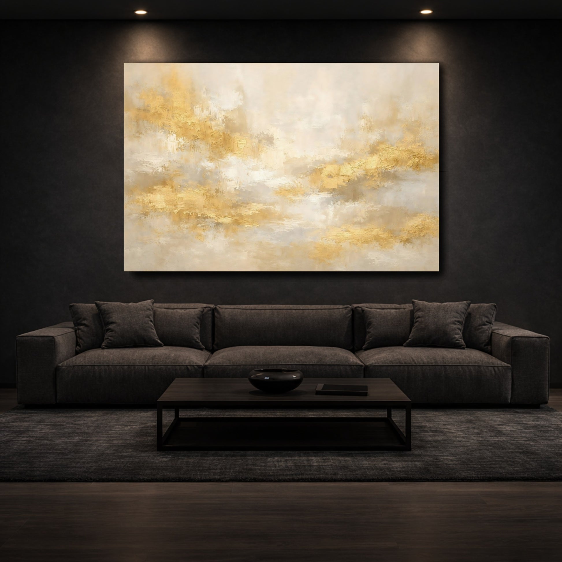 Mockup 2. Abstract Gold Texture Gold And Cream shown as stretched canvas wall art