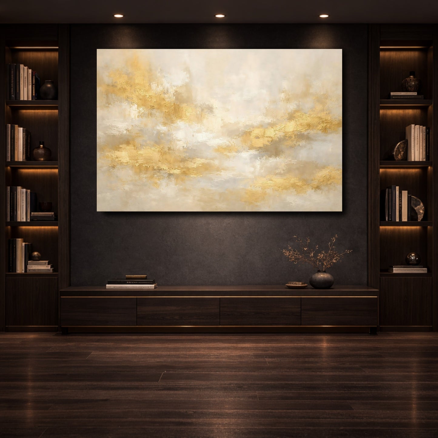 Mockup 3. Abstract Gold Texture Gold And Cream shown as stretched canvas wall art