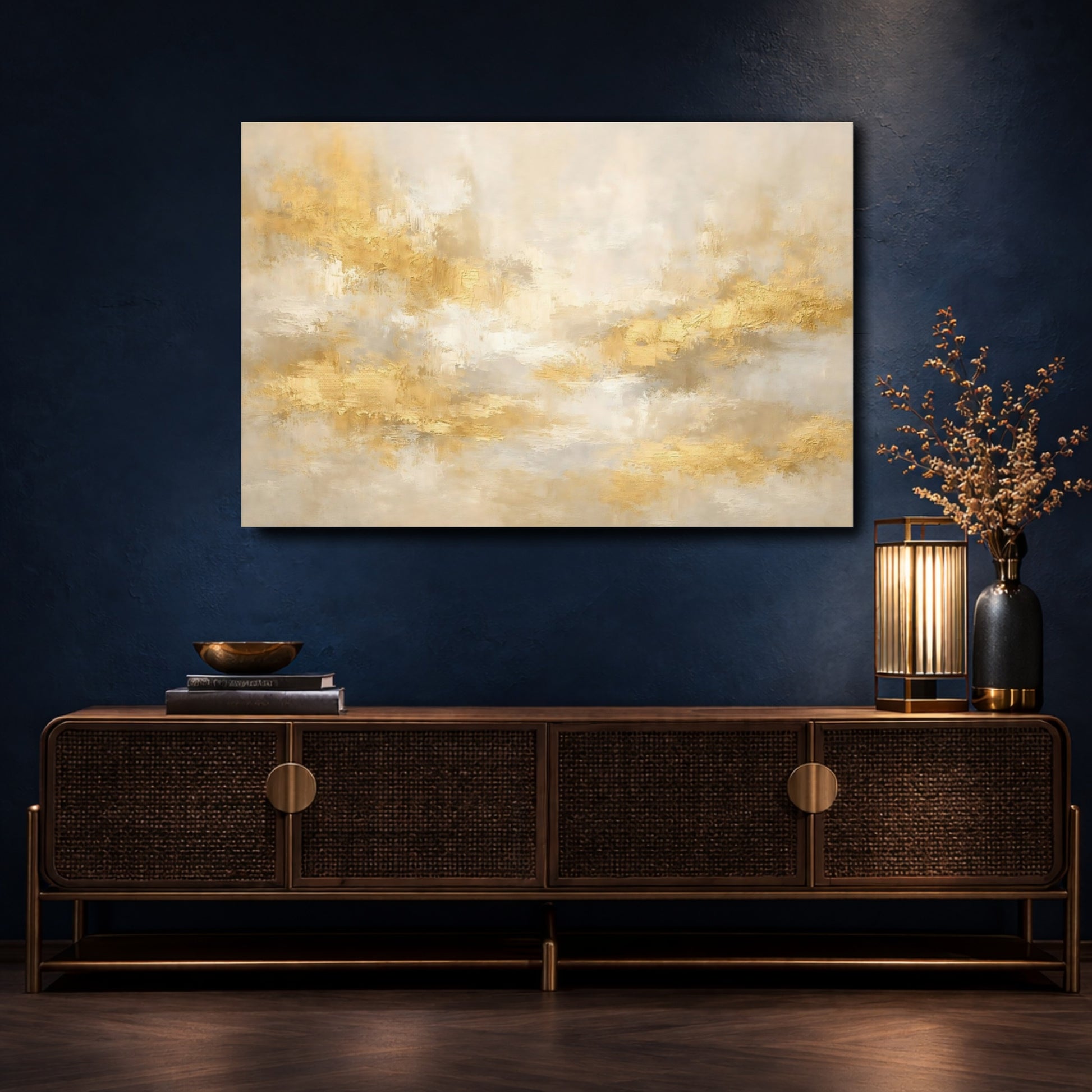 Mockup 4. Abstract Gold Texture Gold And Cream shown as stretched canvas wall art
