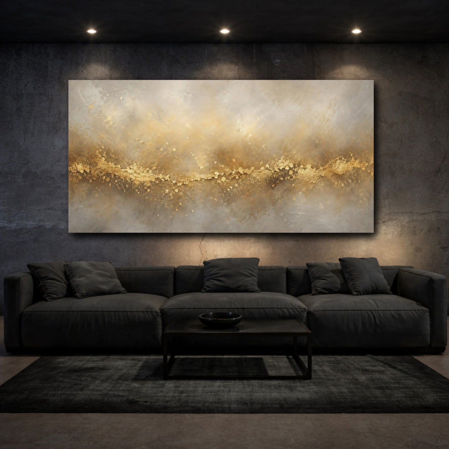 Mockup 2. Abstract Gold Texture Gold And Grey shown as stretched canvas wall art