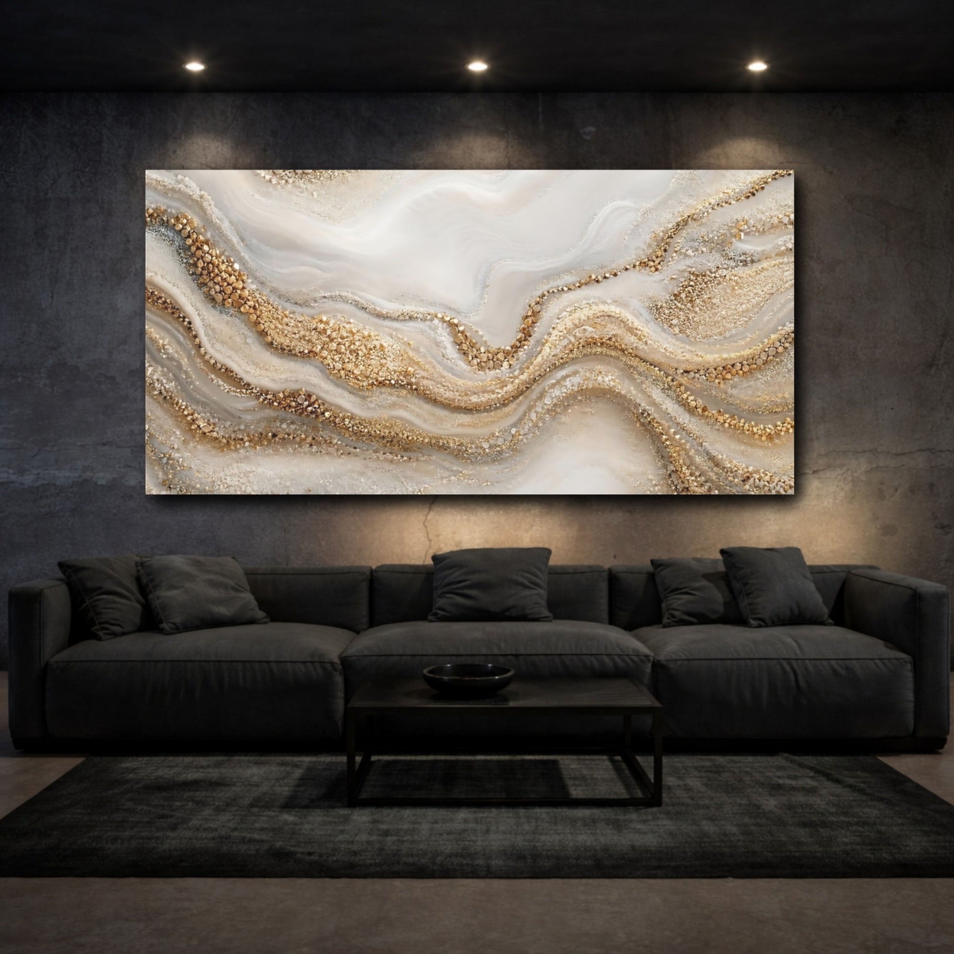 Mockup 2. Abstract Gold Texture Gold And White shown as stretched canvas wall art