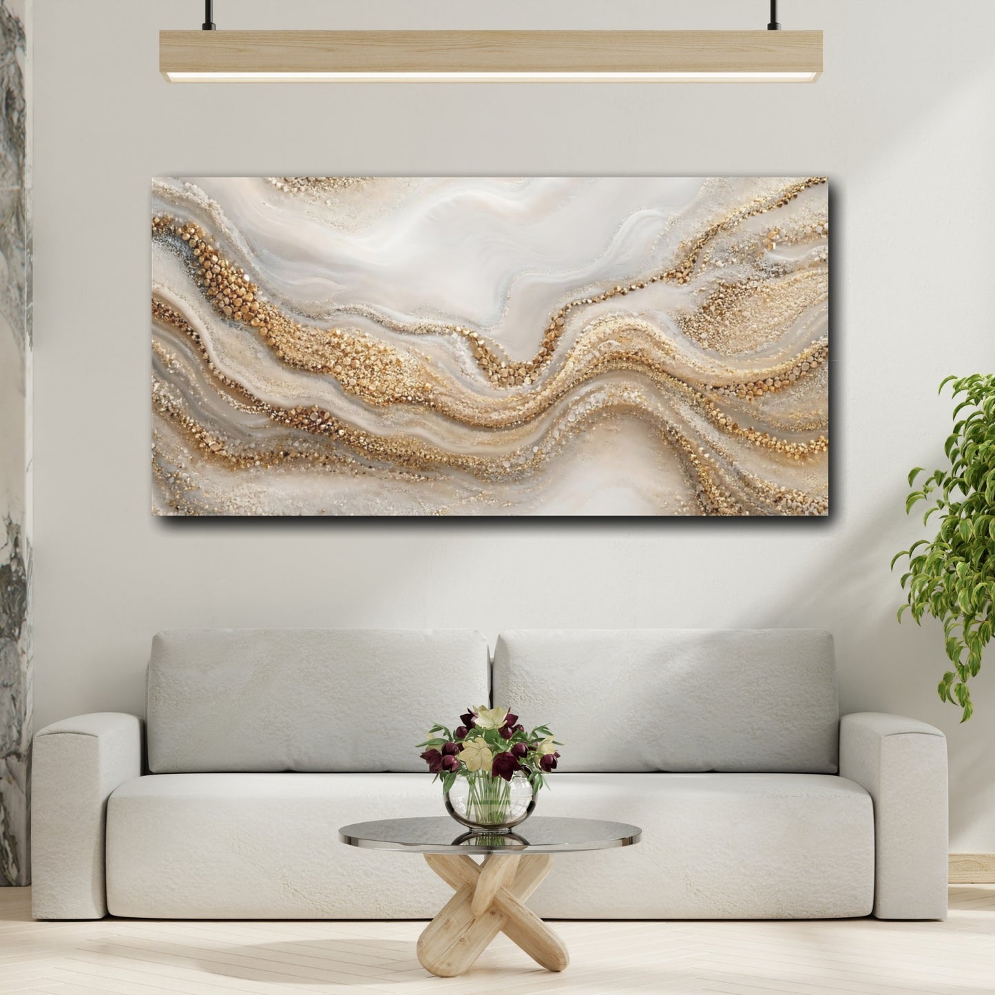 Mockup 3. Abstract Gold Texture Gold And White shown as stretched canvas wall art