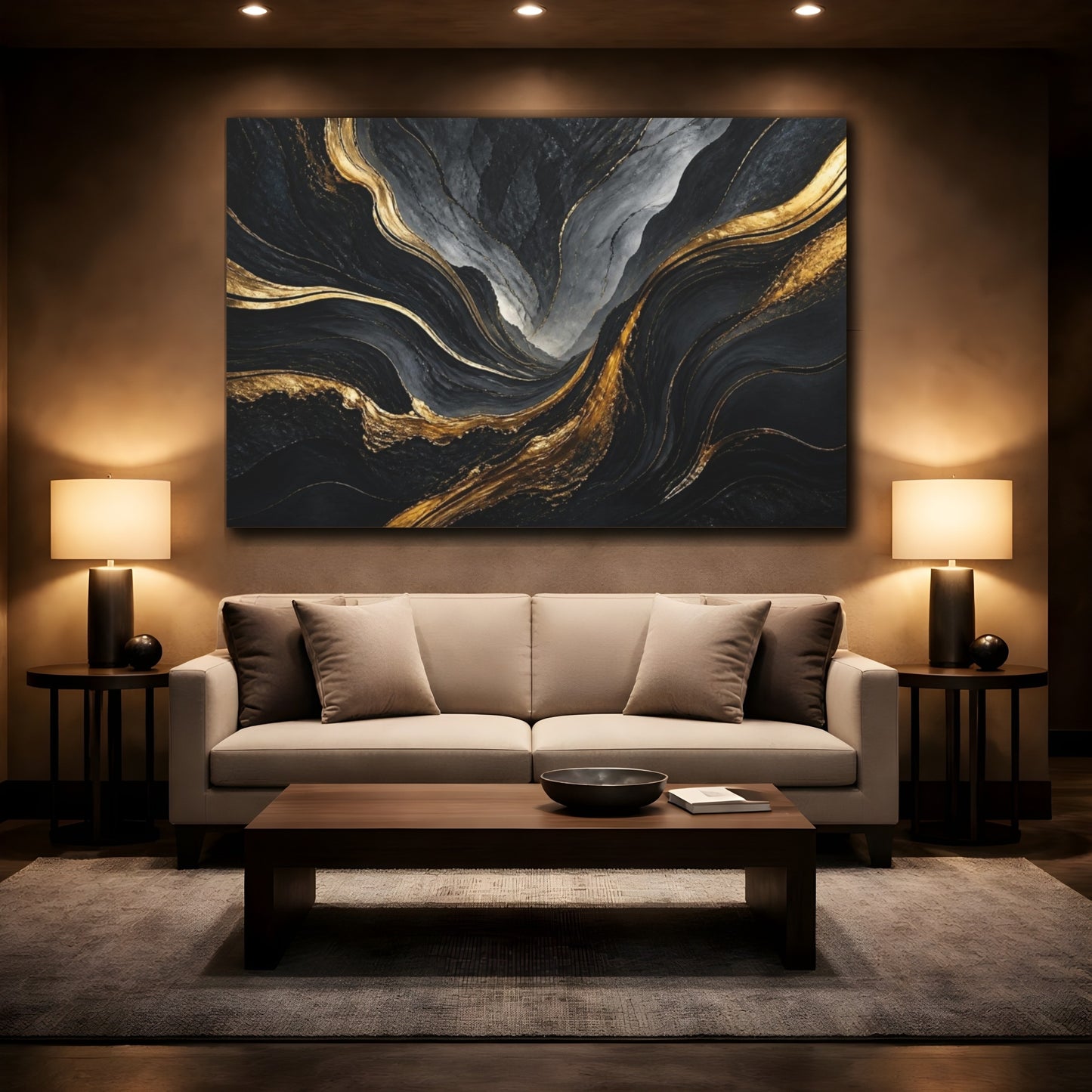 Mockup 2. Abstract Gold Vein Valley shown as canvas print
