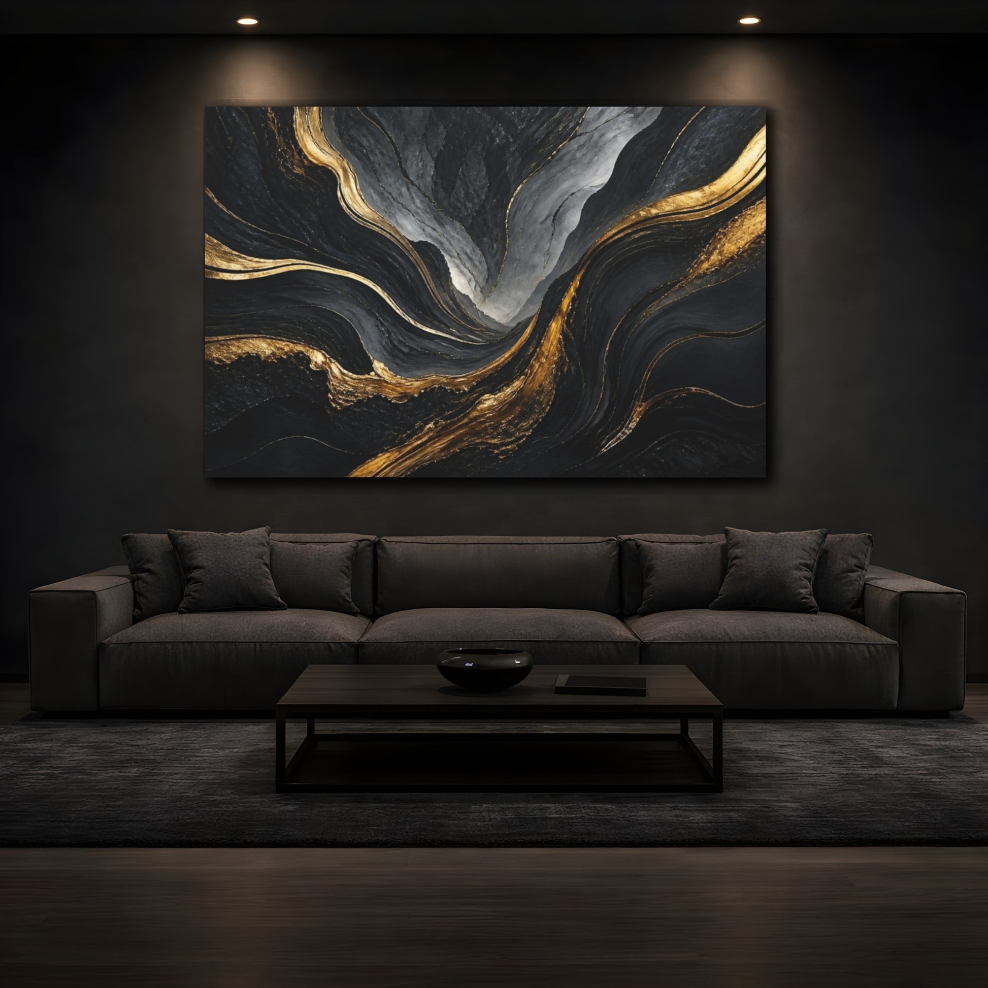 Mockup 3. Abstract Gold Vein Valley shown as canvas print