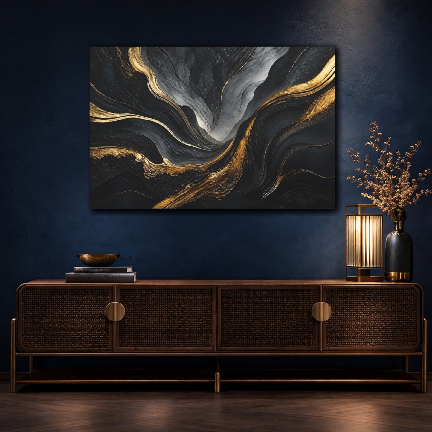 Mockup 4. Abstract Gold Vein Valley shown as canvas print