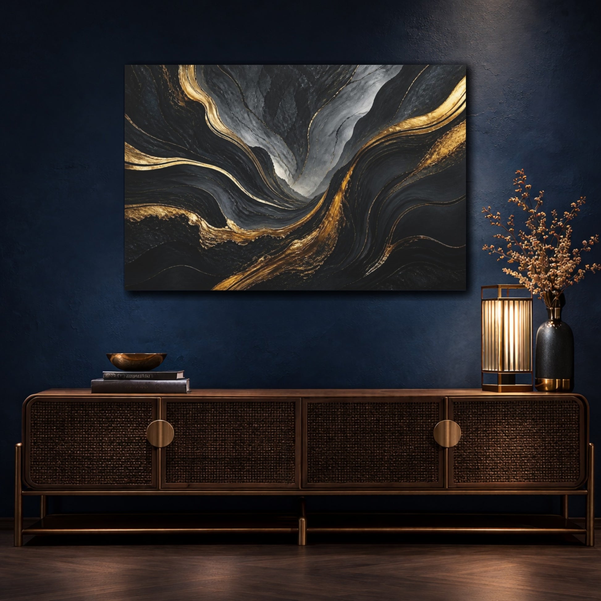 Mockup 4. Abstract Gold Vein Valley shown as canvas print