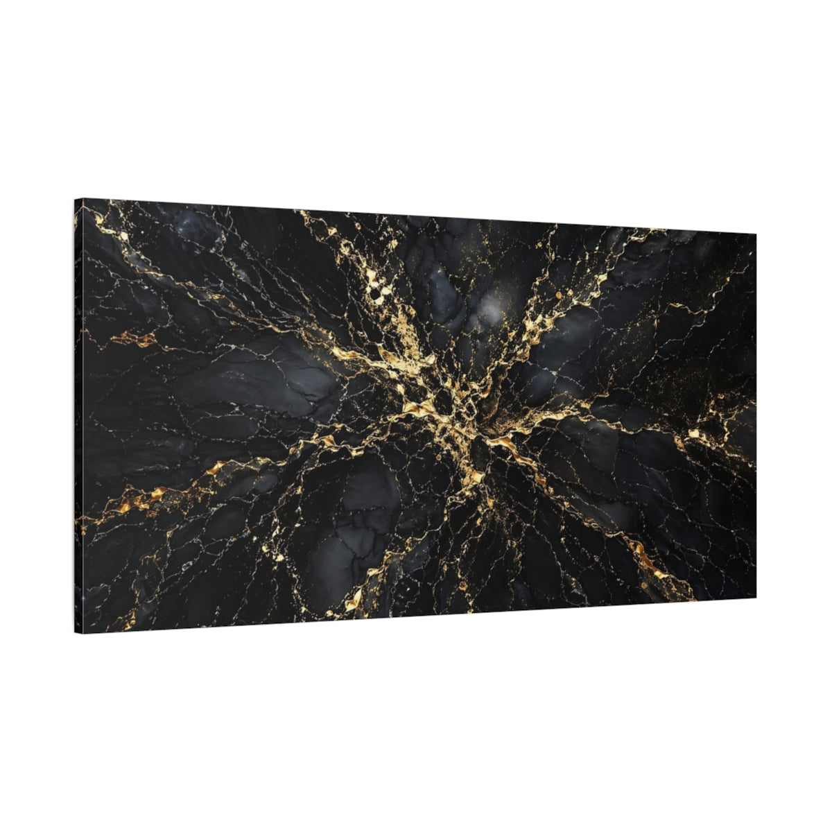 Side Mockup 2. Abstract Gold Veins Black And Gold shown as stretched canvas wall art