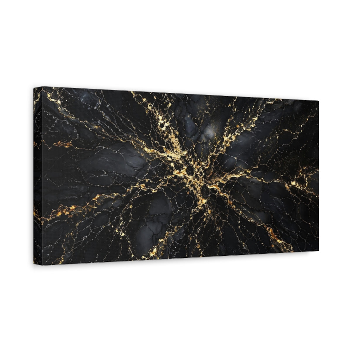Side Mockup 3. Abstract Gold Veins Black And Gold shown as stretched canvas wall art