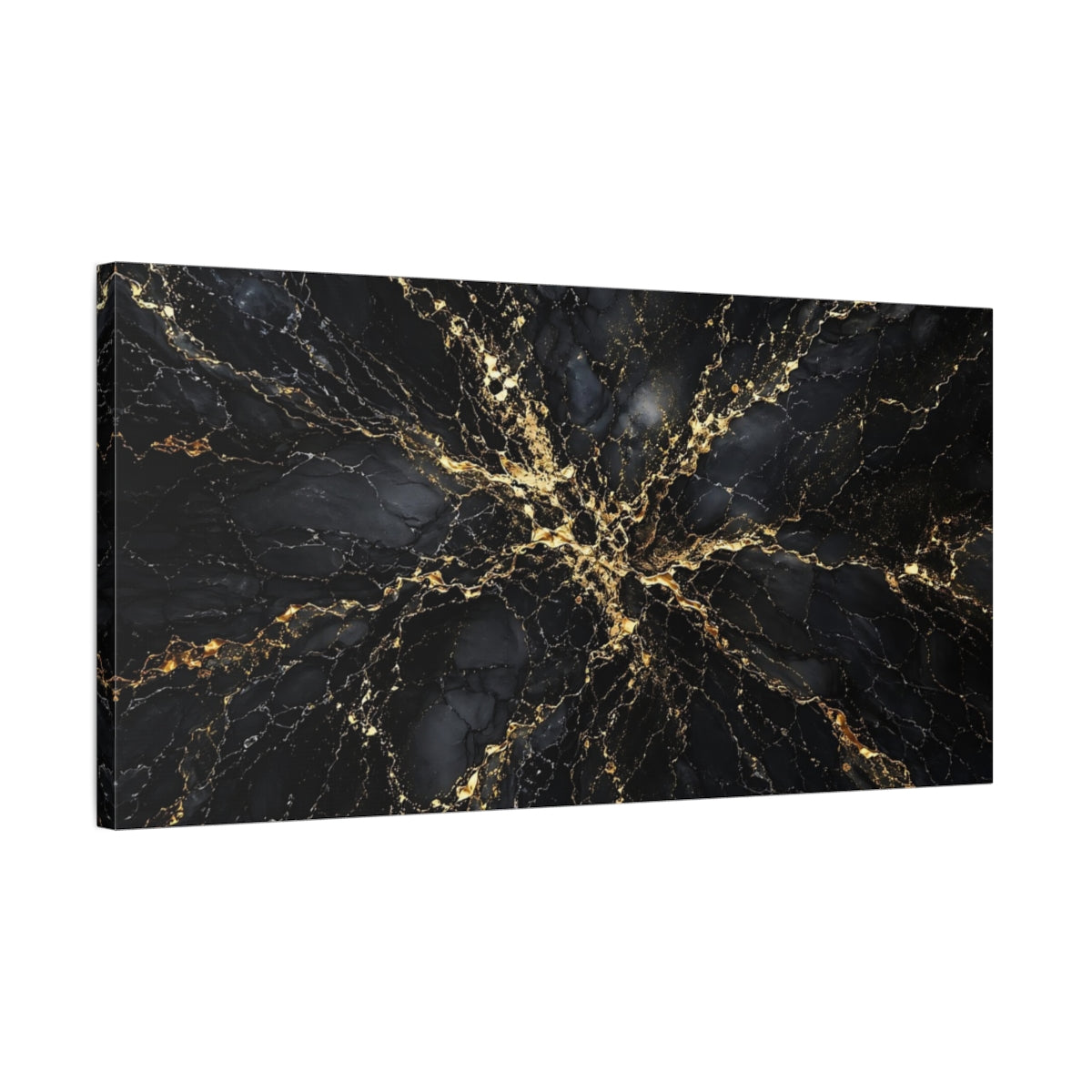 Side Mockup 1. Abstract Gold Veins Black And Gold shown as stretched canvas wall art