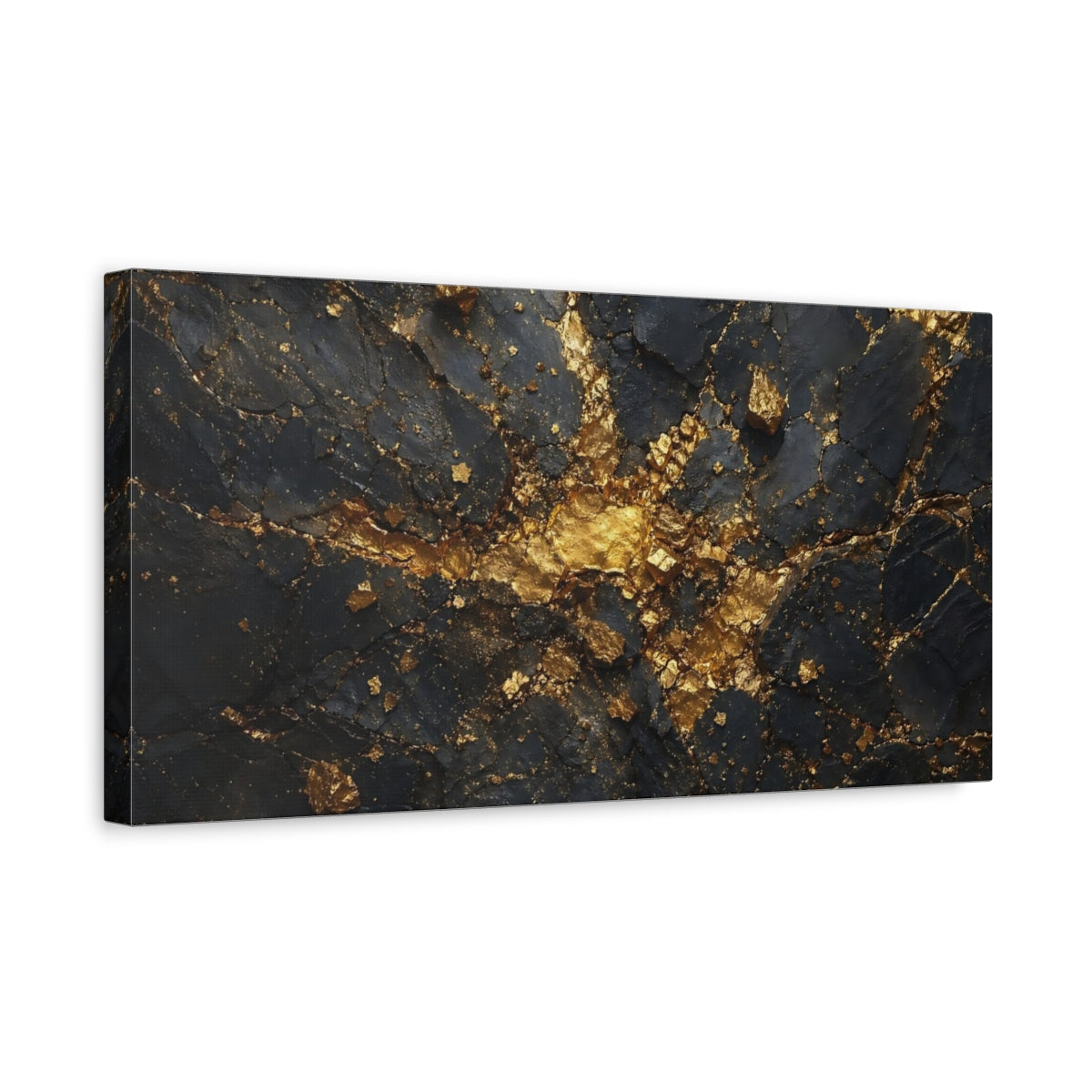 Side Mockup 3. Abstract Gold Veins Black And Gold shown as stretched canvas wall art