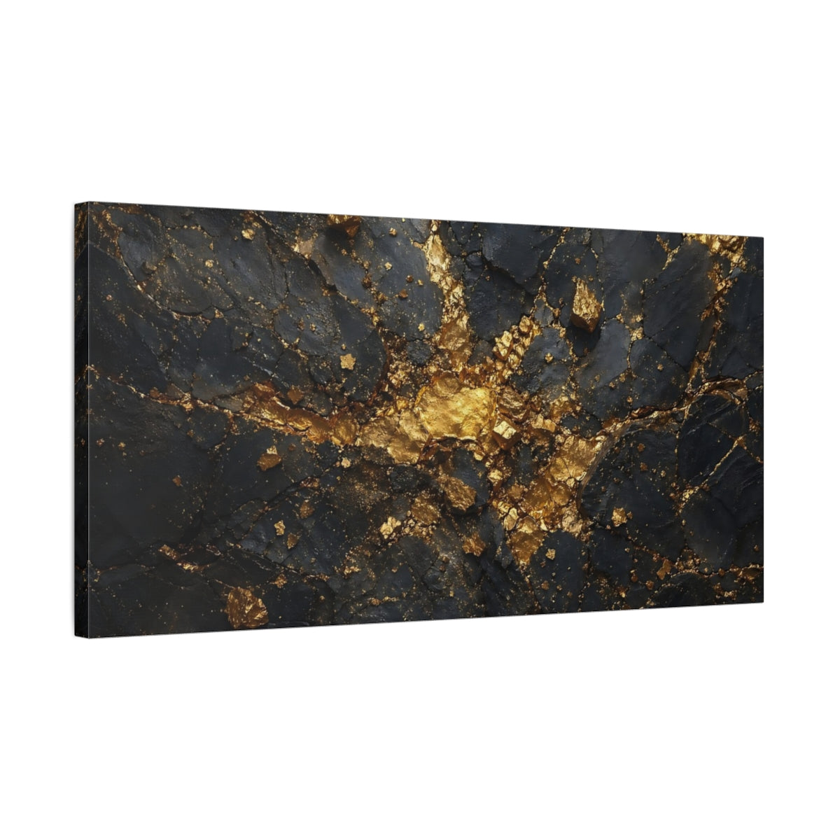 Side Mockup 1. Abstract Gold Veins Black And Gold shown as stretched canvas wall art