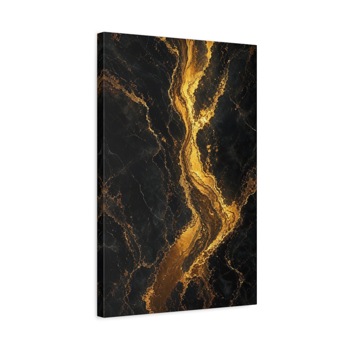 Side Mockup 3. Abstract Gold Veins Black And Gold shown as stretched canvas wall art
