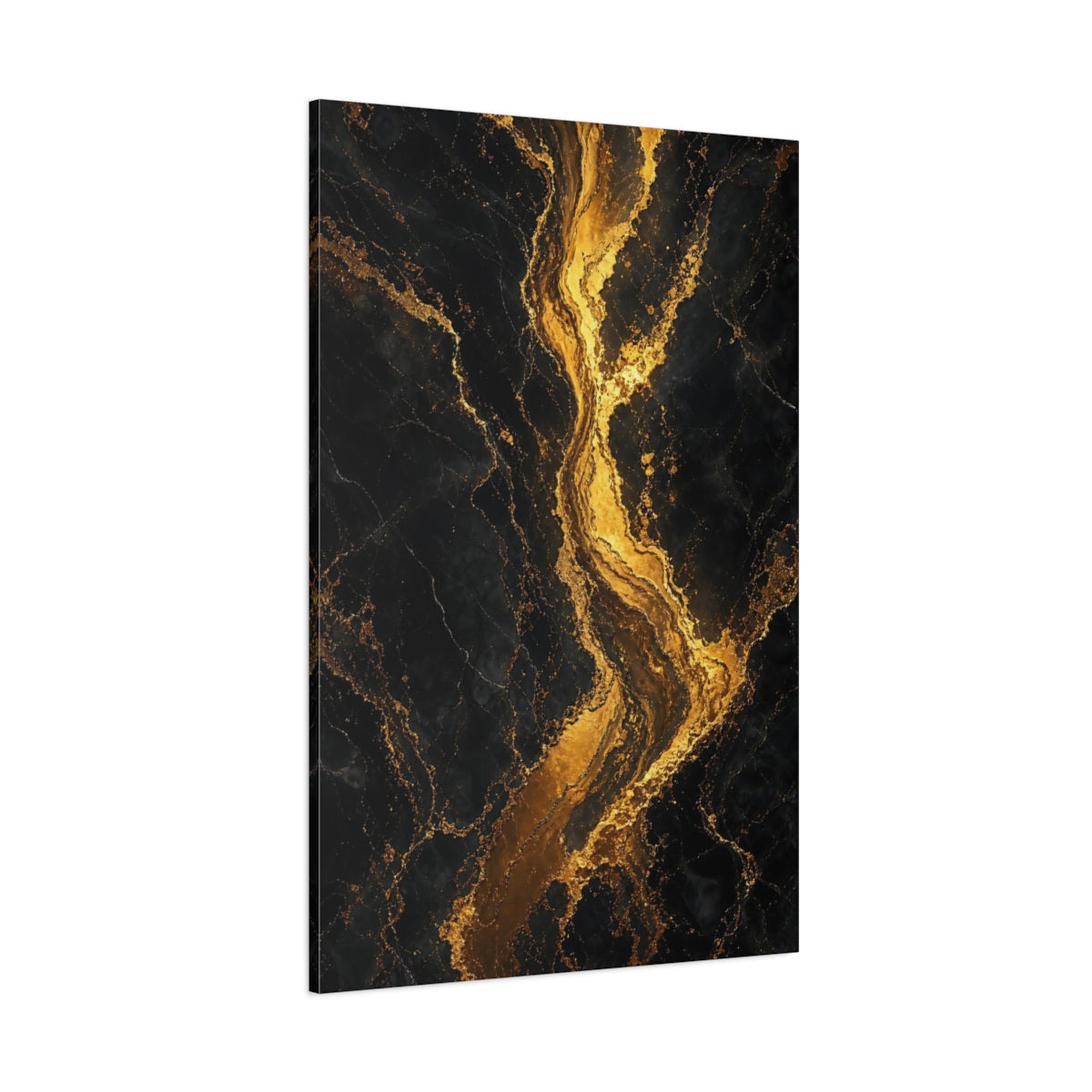 Side Mockup 1. Abstract Gold Veins Black And Gold shown as stretched canvas wall art