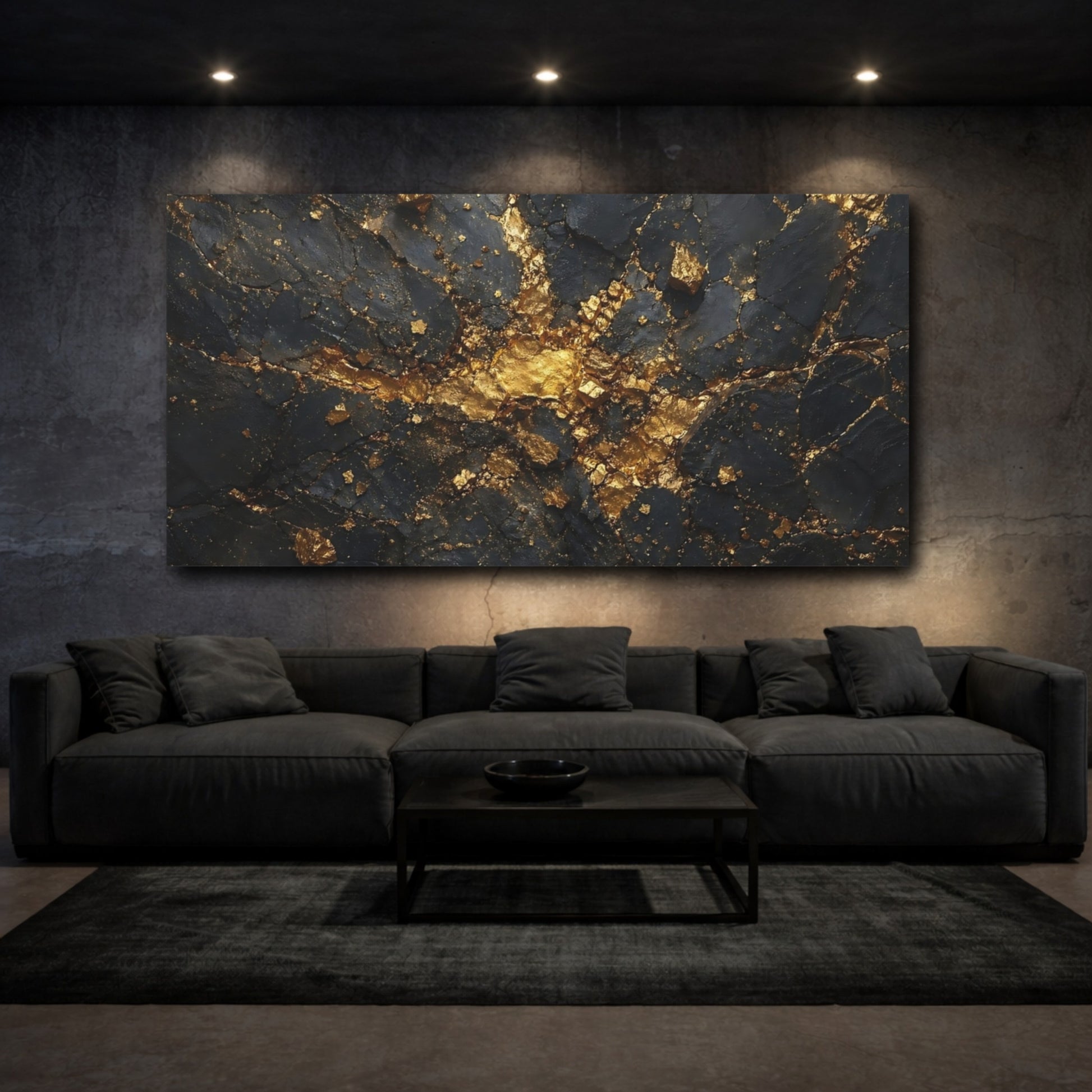 Mockup 2. Abstract Gold Veins Black And Gold shown as stretched canvas wall art