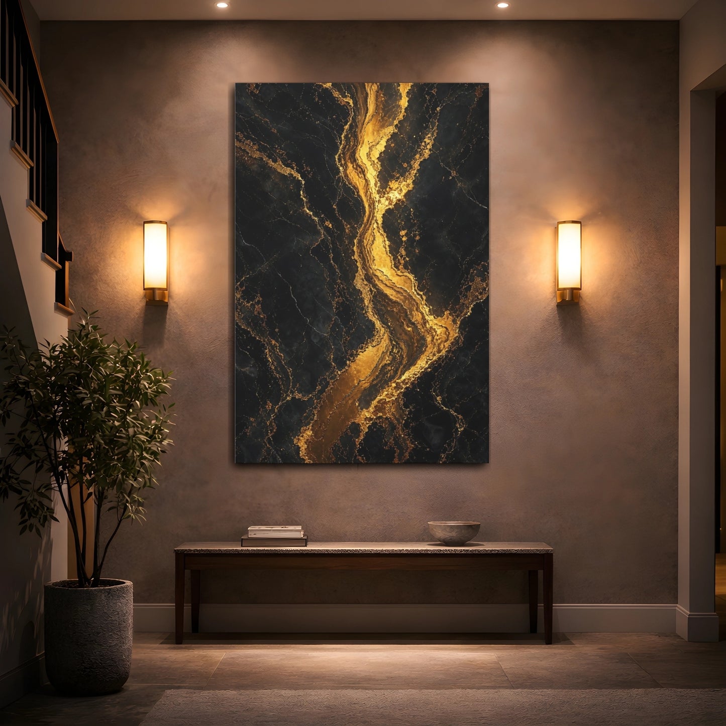 Mockup 2. Abstract Gold Veins Black And Gold shown as stretched canvas wall art