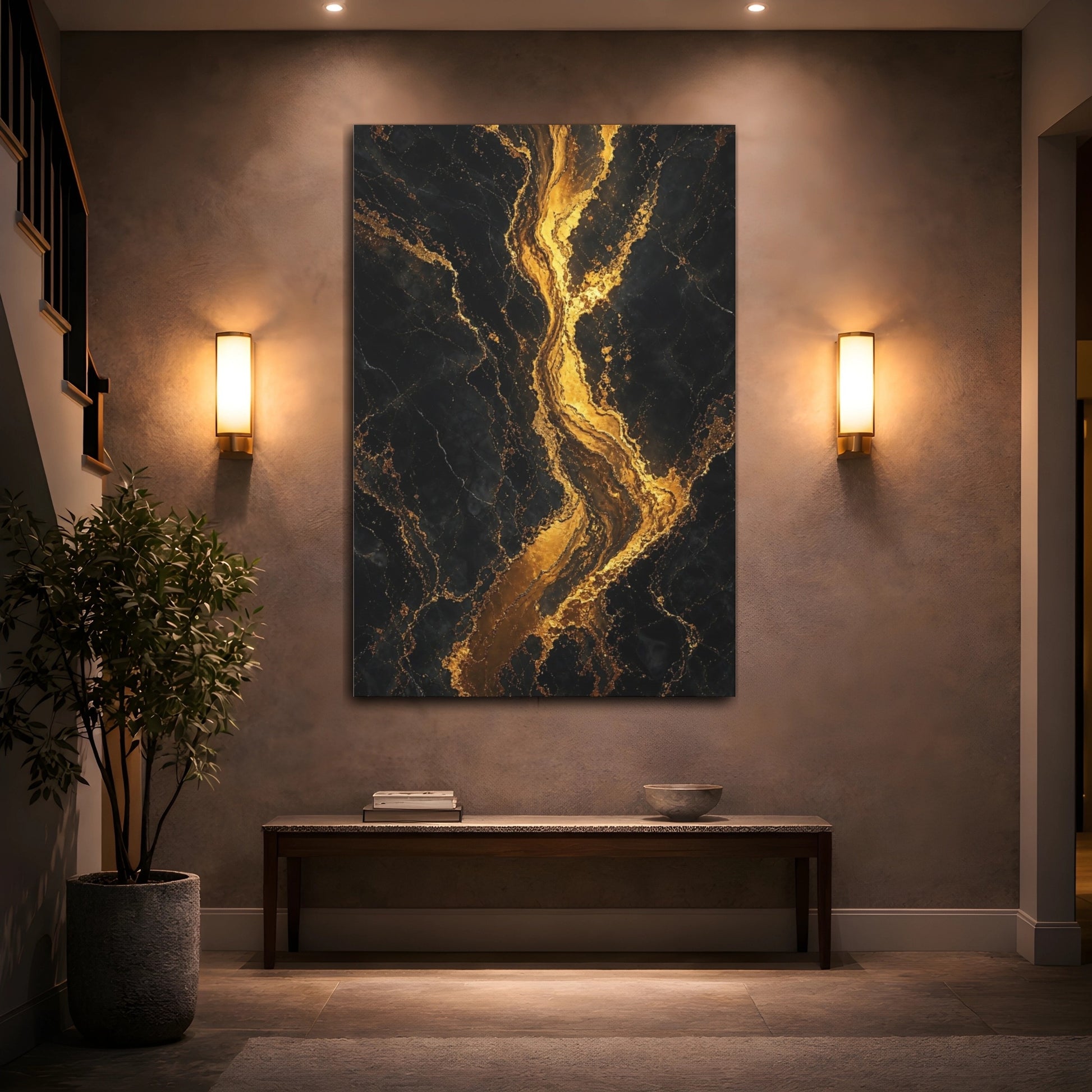 Mockup 2. Abstract Gold Veins Black And Gold shown as stretched canvas wall art