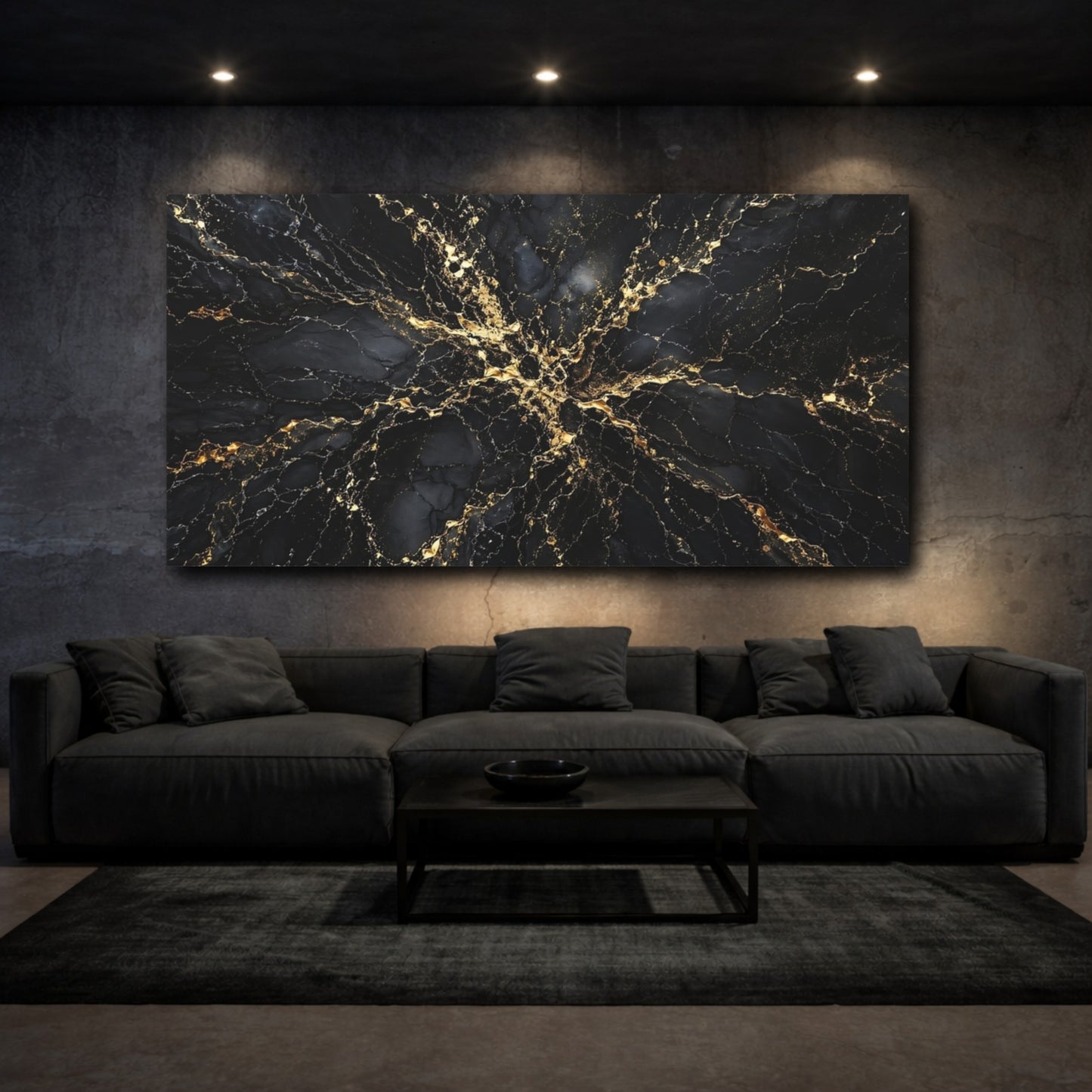 Mockup 2. Abstract Gold Veins Black And Gold shown as stretched canvas wall art