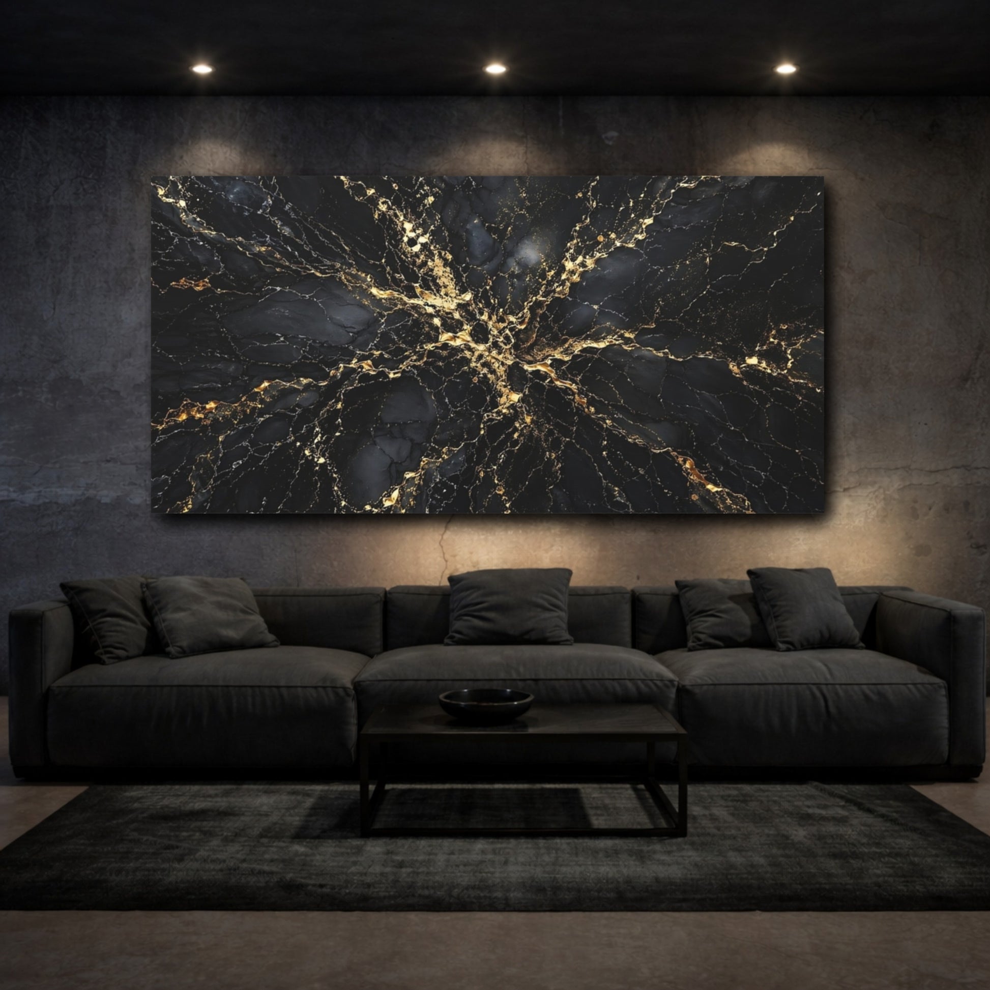 Mockup 2. Abstract Gold Veins Black And Gold shown as stretched canvas wall art